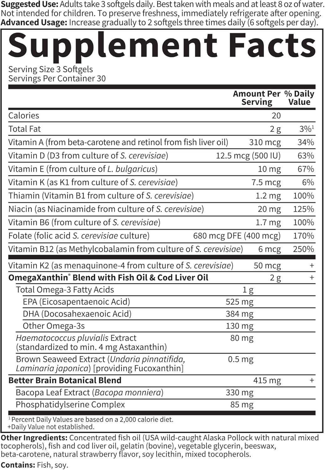 Garden of Life Oceans 3 Better Brain Supplement - Ultra Pure EPA/DHA Omega 3 Fish Oil with Antioxidants, 90 Softgels