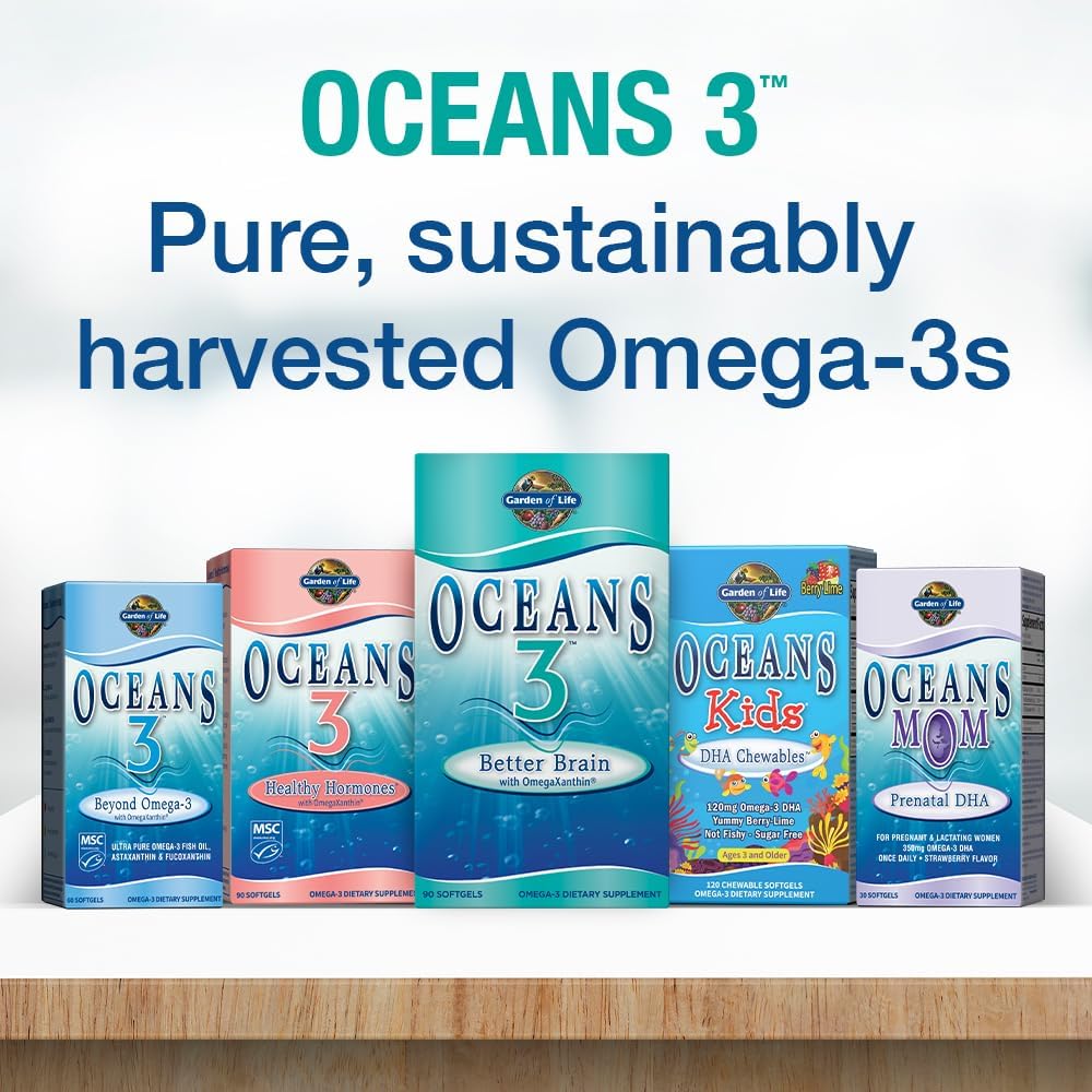 Garden of Life Oceans 3 Better Brain Supplement - Ultra Pure EPA/DHA Omega 3 Fish Oil with Antioxidants, 90 Softgels