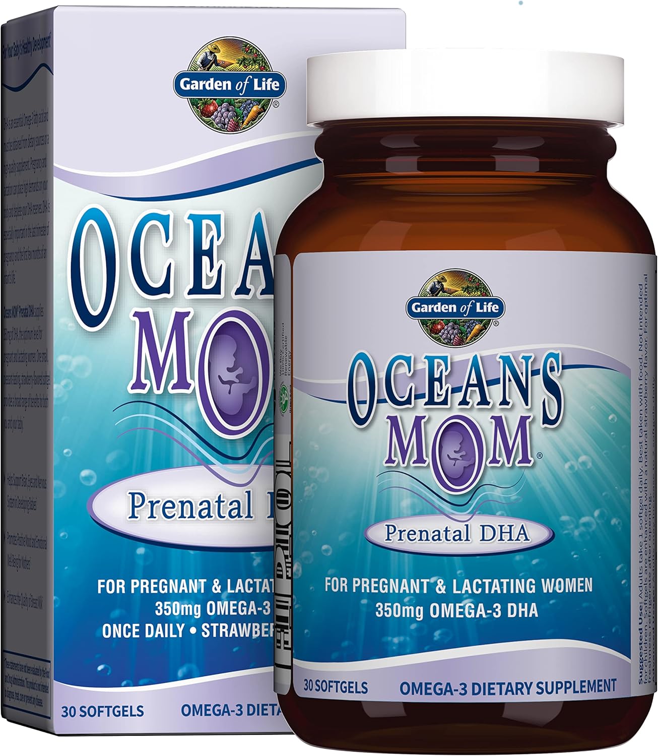 Garden of Life Oceans Mom Prenatal DHA Fish Oil Supplement - Strawberry Flavor, 30 Softgels, 350mg Omega 3 for Pregnancy Support