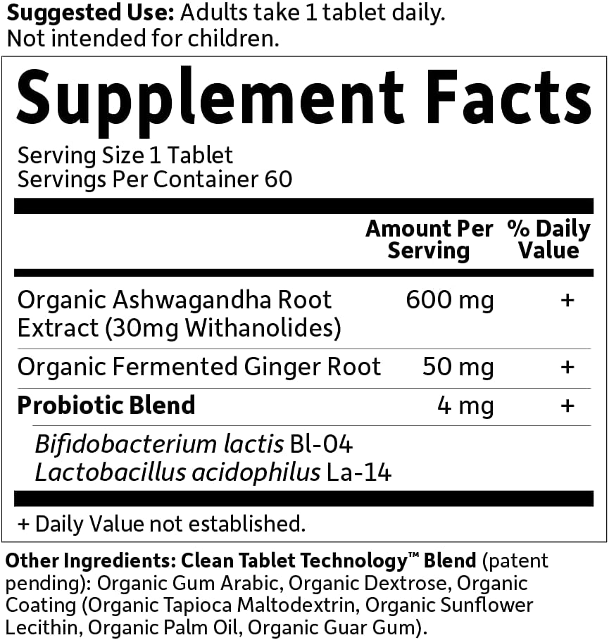Garden of Life Organics Ashwagandha Supplement with Probiotics & Ginger - Stress, Mood, Energy Support - Vegan, Gluten Free, Non GMO - 60 Tablets, 2 Month Supply