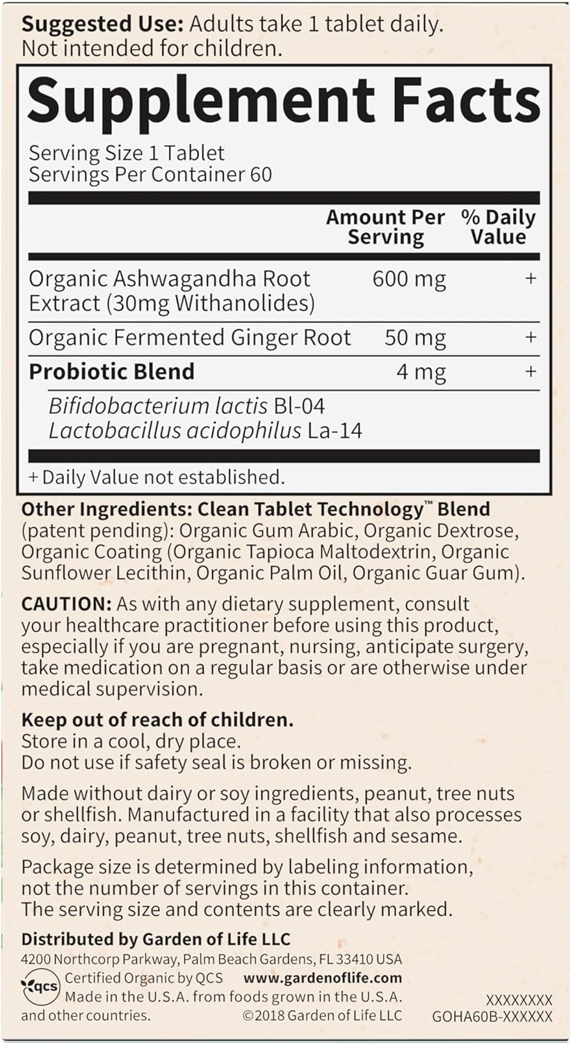 Garden of Life Organics Ashwagandha Supplement with Probiotics & Ginger - Stress, Mood, Energy Support - Vegan, Gluten Free, Non GMO - 60 Tablets, 2 Month Supply