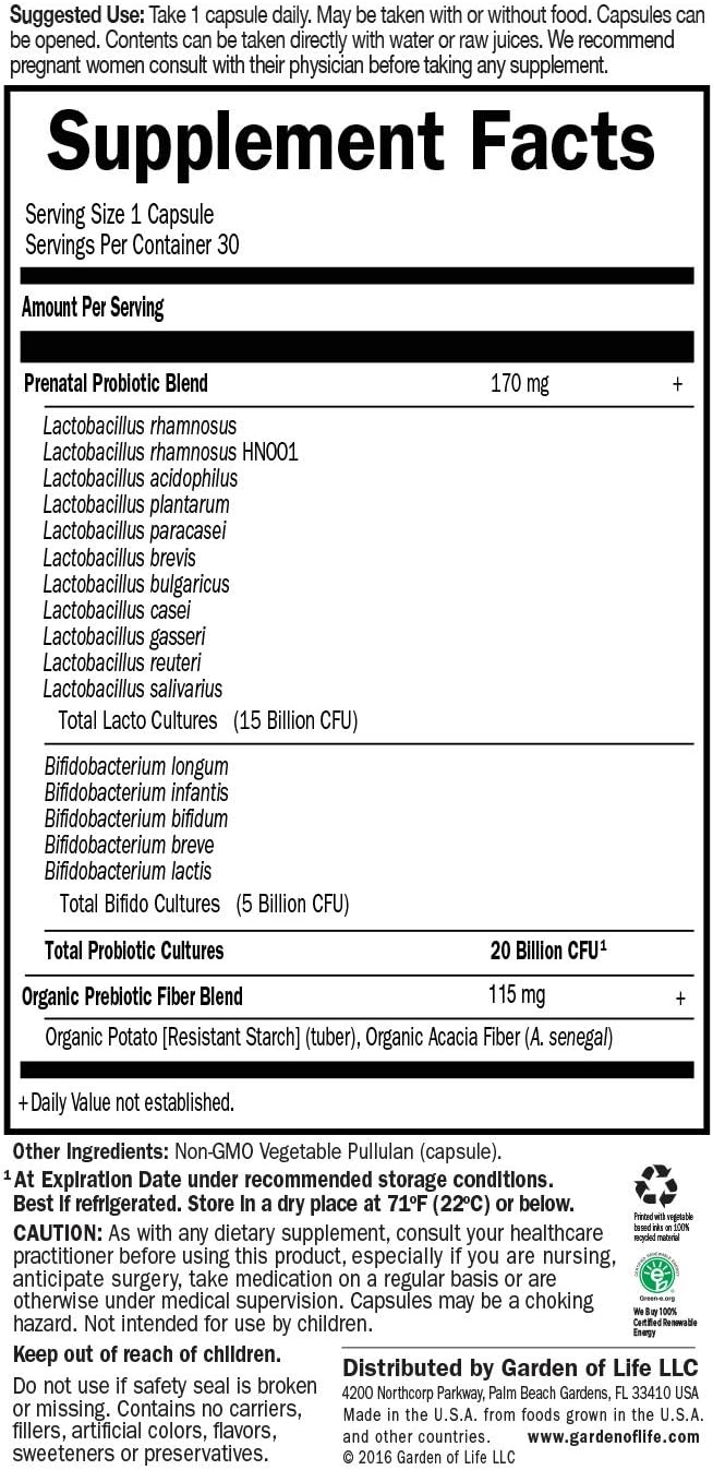 Garden of Life Prenatal Probiotics - Daily Support for Mom & Baby - Acidophilus & Bifidobacteria - 30 Vegetarian Capsules