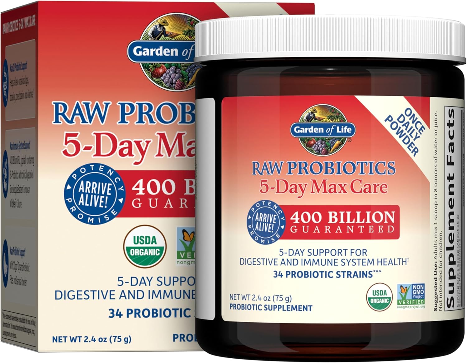 Garden of Life Raw Probiotics 5-Day Max Care Powder - Organic Probiotic for Men and Women - 400 Billion CFU - Digestive and Immune Health Support
