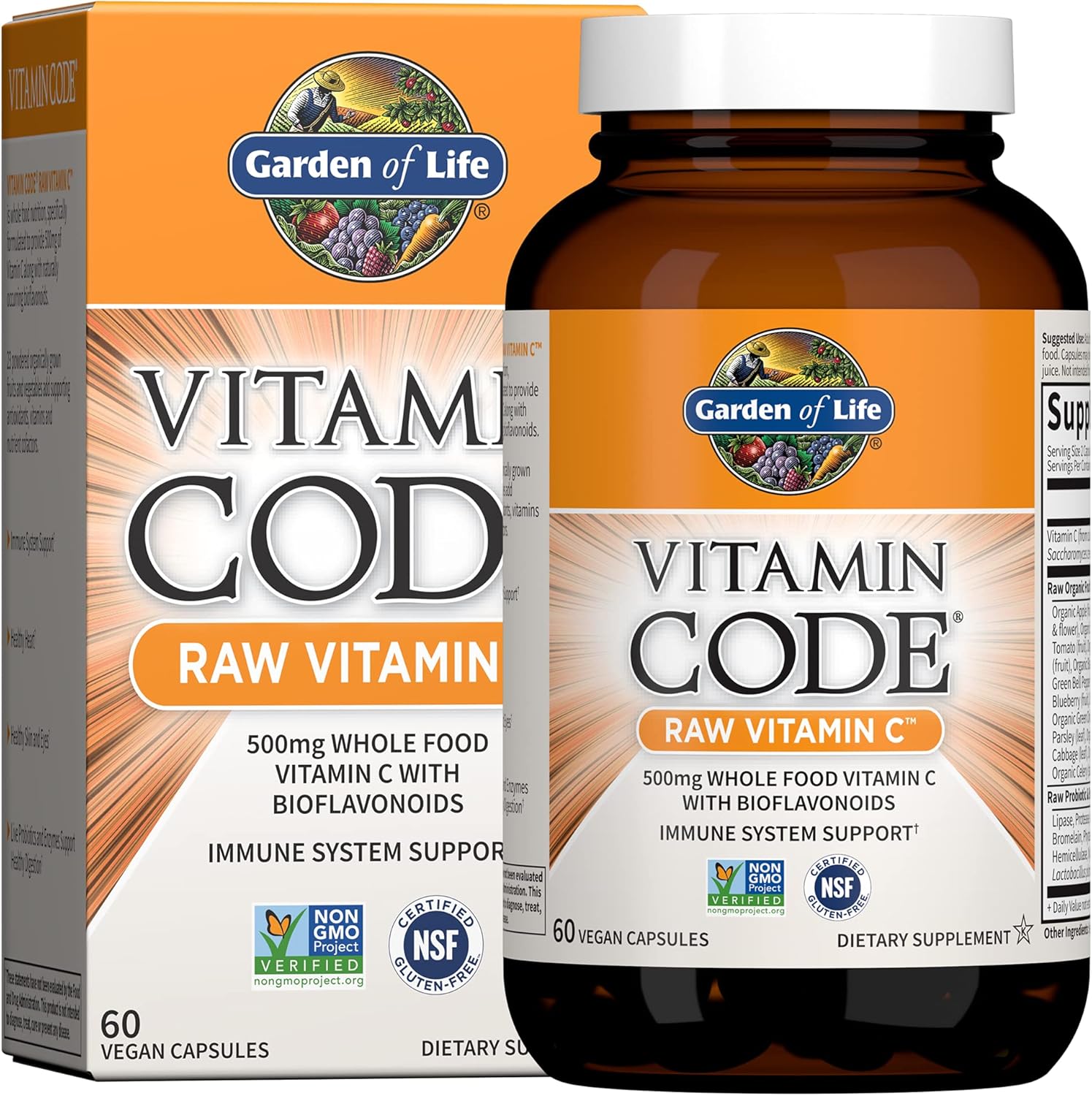 Garden of Life Raw Vitamin C Capsules - 60 Count, 500mg Whole Food Vitamin C with Probiotics, Fruit & Veggie Blend - Vegan, Gluten Free C Vitamin Supplement for Adults