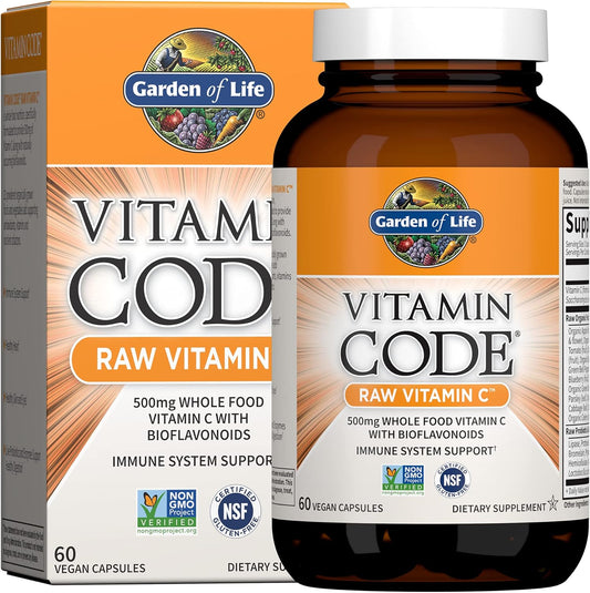 Garden of Life Raw Vitamin C Capsules - 60 Count, 500mg Whole Food Vitamin C with Probiotics, Fruit & Veggie Blend - Vegan, Gluten Free C Vitamin Supplement for Adults