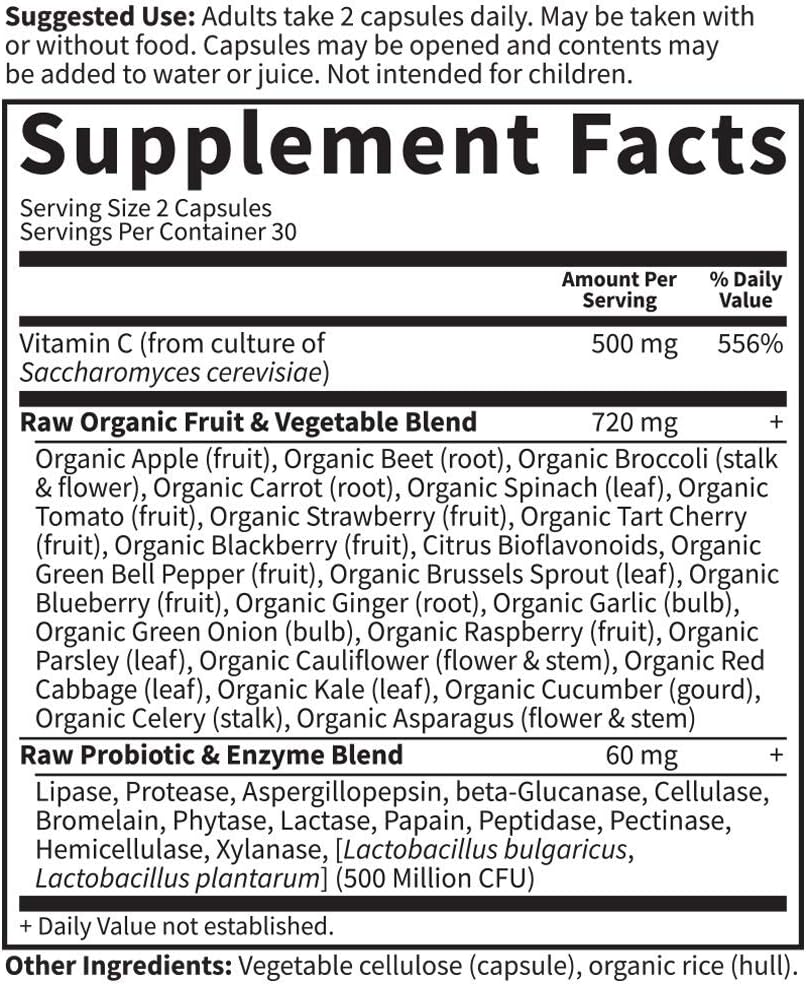 Garden of Life Raw Vitamin C Capsules - 60 Count, 500mg Whole Food Vitamin C with Probiotics, Fruit & Veggie Blend - Vegan, Gluten Free C Vitamin Supplement for Adults