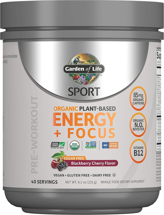 Garden of Life Sport Organic Plant-Based Energy + Focus Pre Workout Powder - BlackBerry Cherry, 85mg Caffeine, B12 - Vegan, Gluten & Sugar Free - Natural NO Booster - 40 Servings, 8.14 Oz