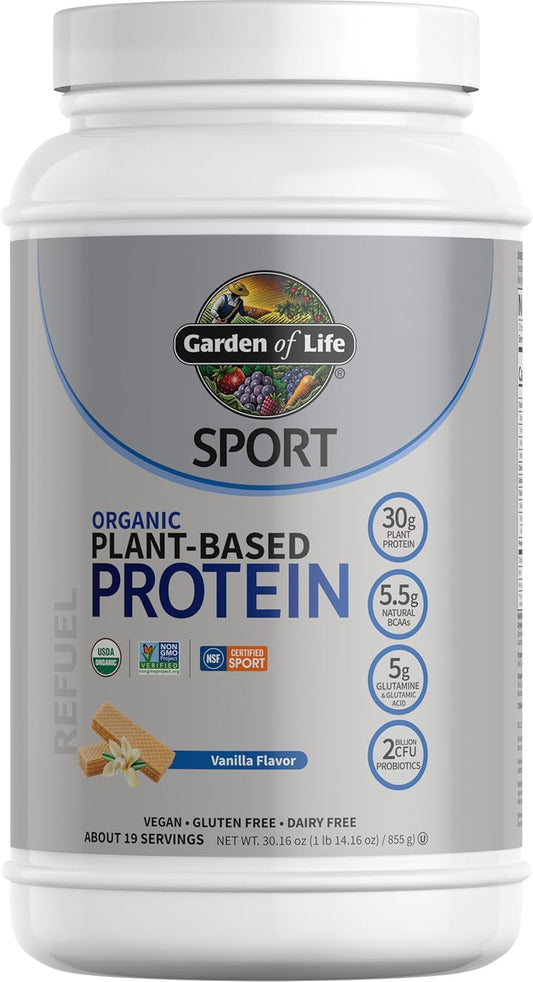 Garden of Life Sport Protein Powder - Vanilla with Probiotics, BCAAs, 30g Plant Protein, NSF Certified, Gluten Free, Non GMO - 19 Servings