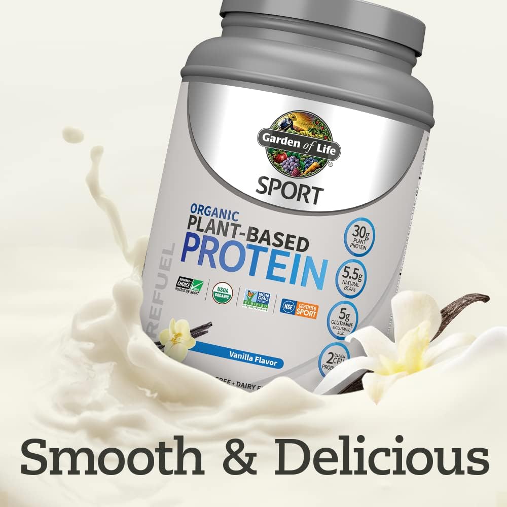 Garden of Life Sport Protein Powder - Vanilla with Probiotics, BCAAs, 30g Plant Protein, NSF Certified, Gluten Free, Non GMO - 19 Servings