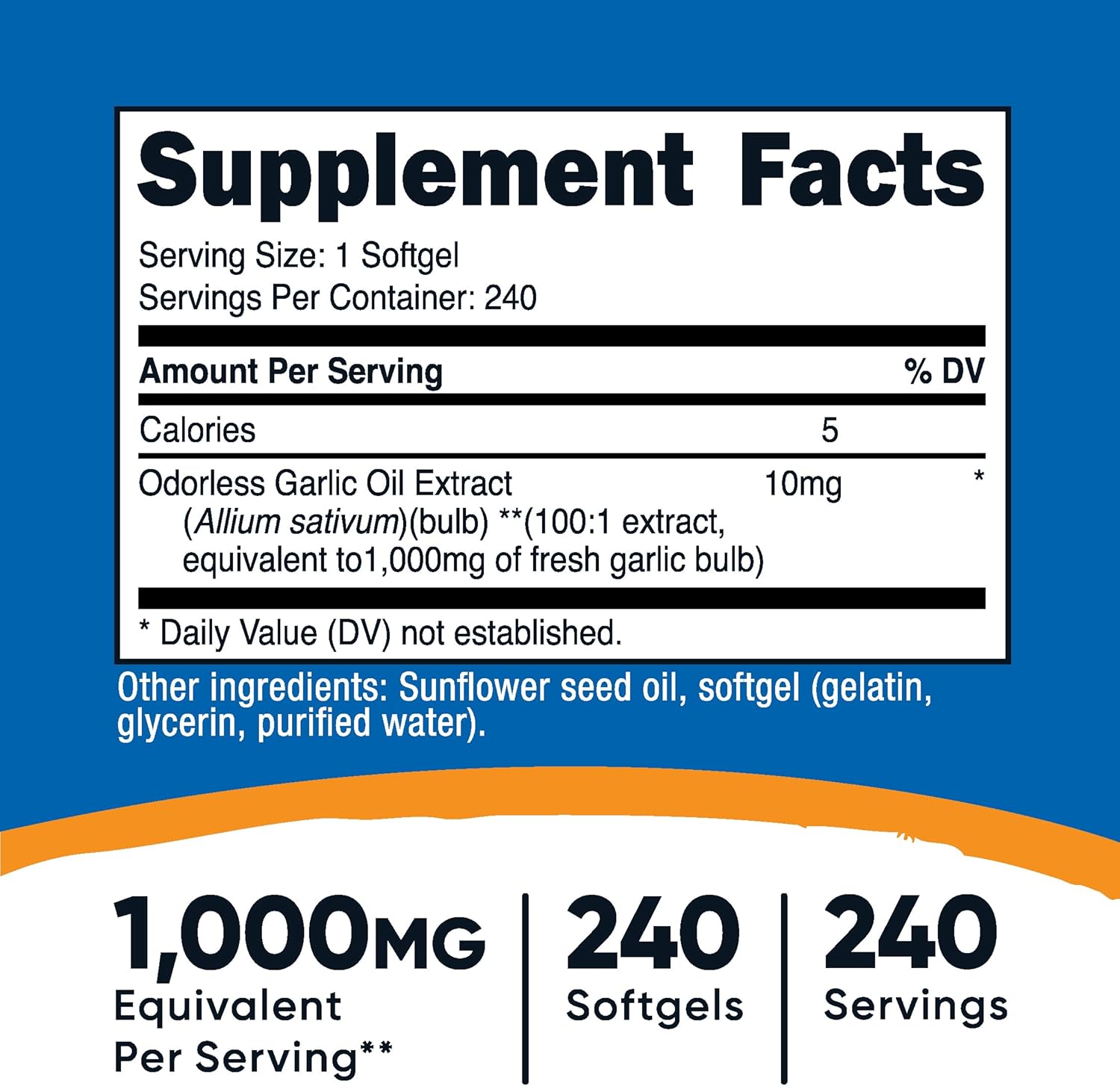 Garlic 1000mg Softgels - Odorless Gluten Free Supplement (240 Count) by Nutricost