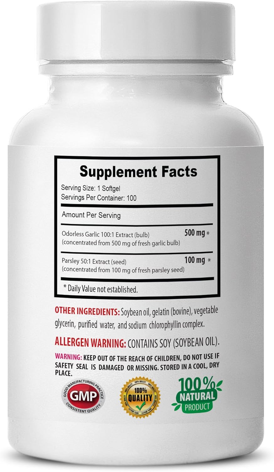 Garlic and Parsley Antioxidant Supplements - Odorless Formula - 1B 100 Softgels - Enhance Health with Garlic and Parsley Extracts