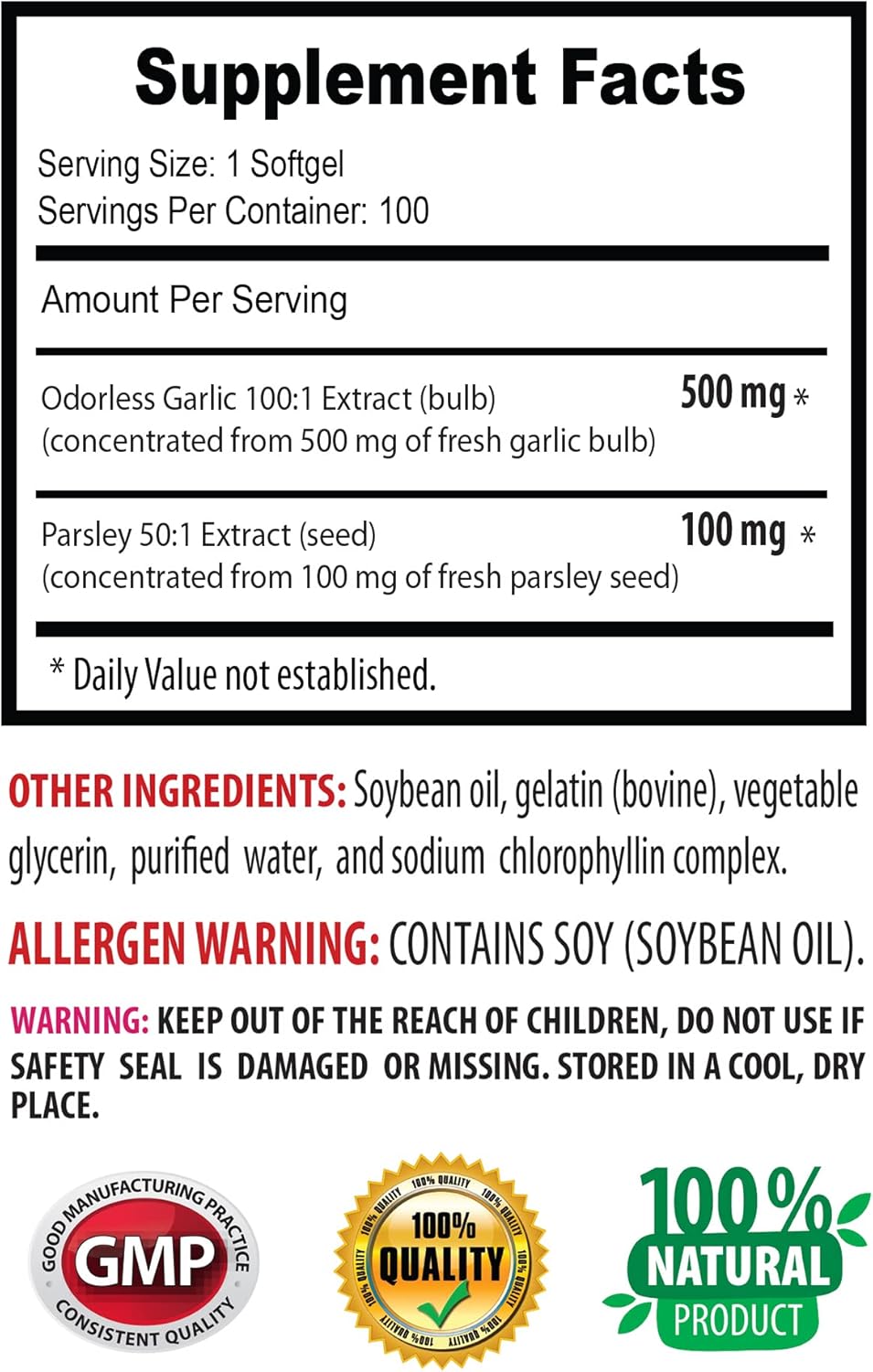 Garlic and Parsley Antioxidant Supplements - Odorless Formula - 1B 100 Softgels - Enhance Health with Garlic and Parsley Extracts