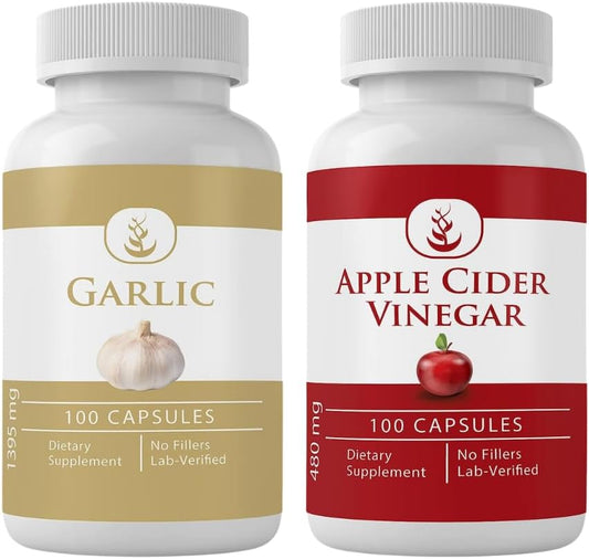 Garlic & Apple Cider Vinegar Capsule Bundle – 100 Capsules Each, Lab Verified, Pure Ingredients Without Additives