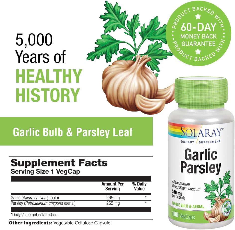 Garlic Bulb & Parsley Leaf Capsules - Cardiovascular & Immune Support - Non-GMO, Vegan - 100 VegCaps