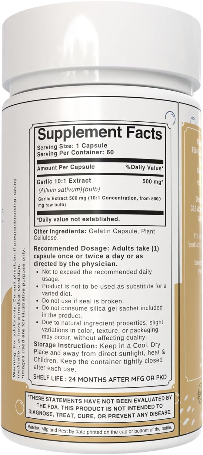 Garlic Capsules 500mg | High Potency 10:1 Extract Powder | Allium sativum Herbal Supplement | Non-GMO, Gluten-Free (60 Count)