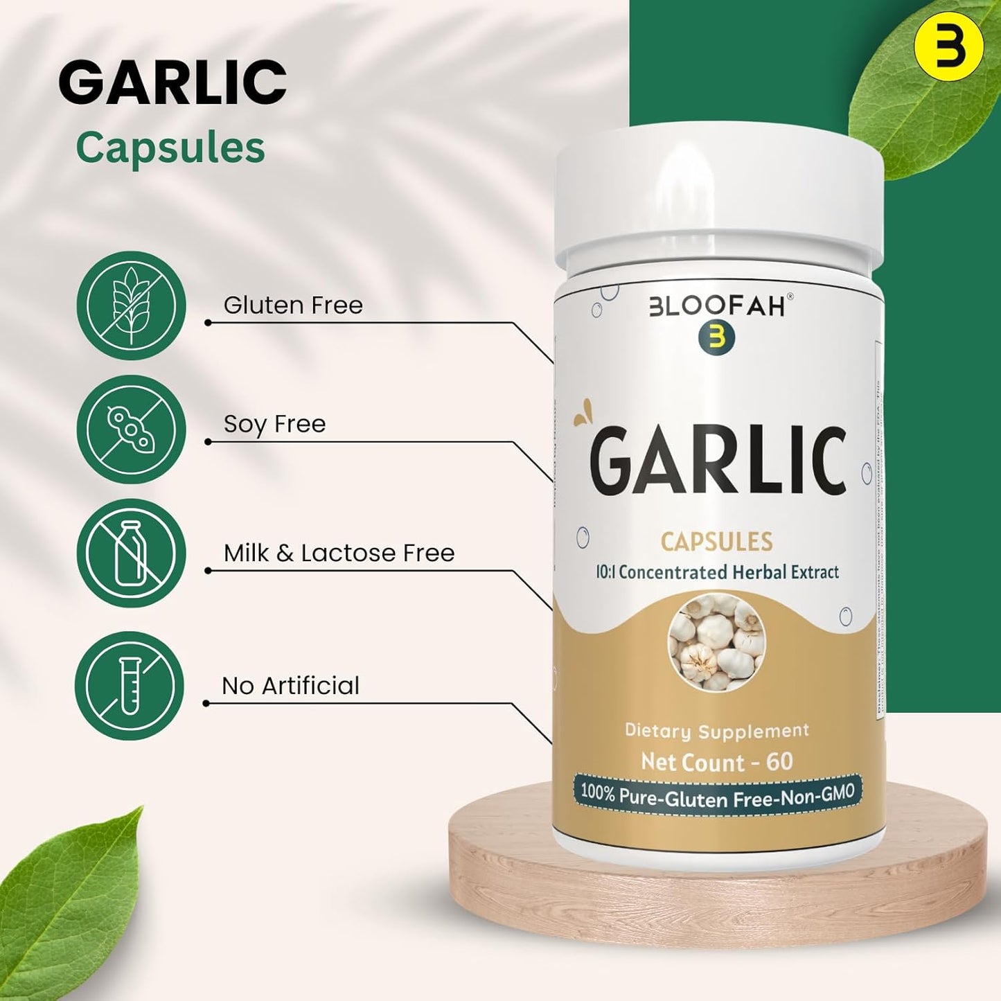 Garlic Capsules 500mg | High Potency 10:1 Extract Powder | Allium sativum Herbal Supplement | Non-GMO, Gluten-Free (60 Count)
