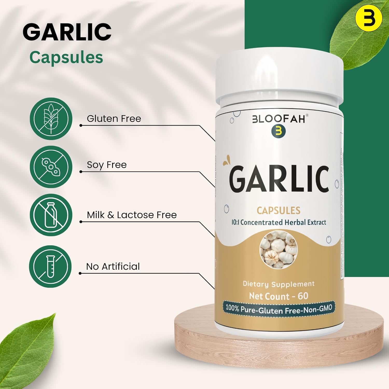 Garlic Capsules 500mg | High Potency 10:1 Extract Powder | Allium sativum Herbal Supplement | Non-GMO, Gluten-Free (60 Count)