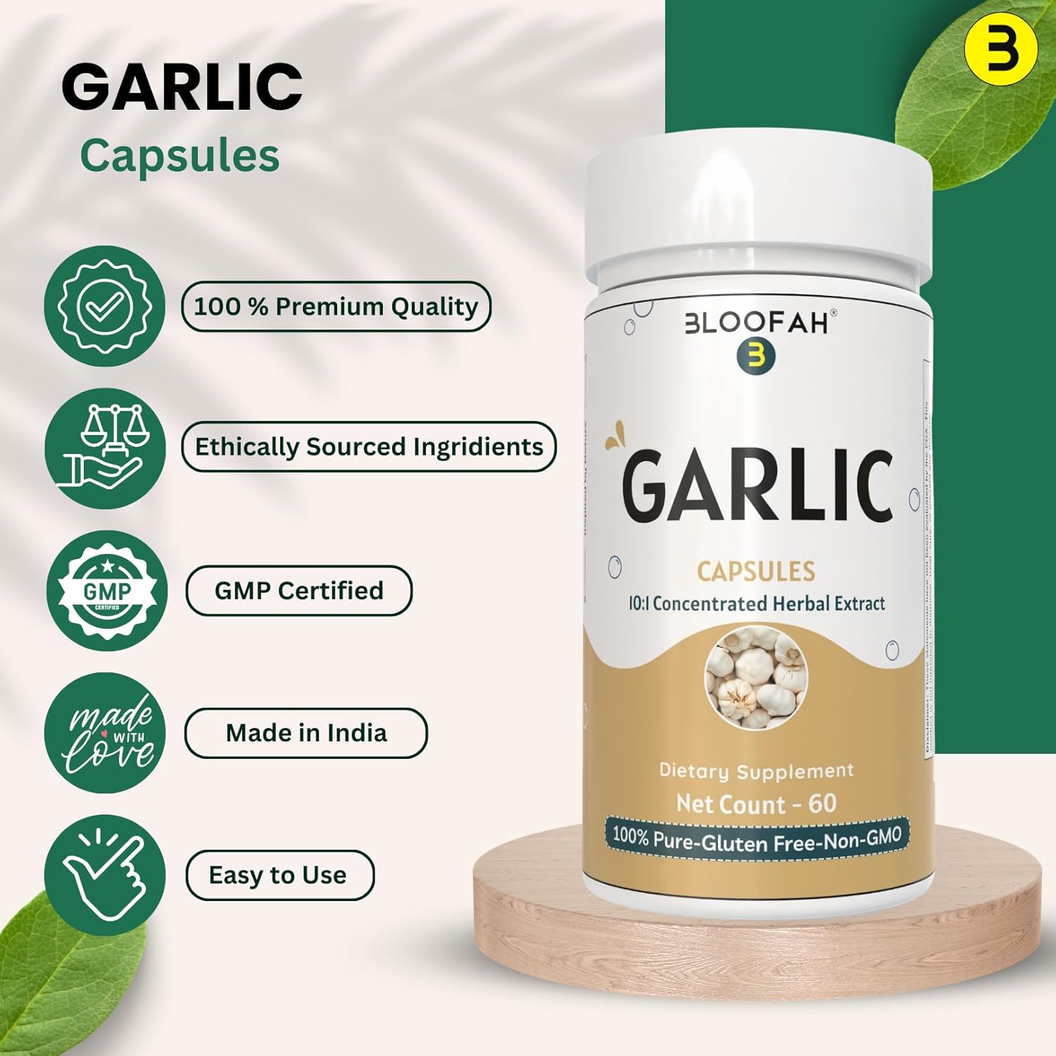 Garlic Capsules 500mg | High Potency 10:1 Extract Powder | Allium sativum Herbal Supplement | Non-GMO, Gluten-Free (60 Count)