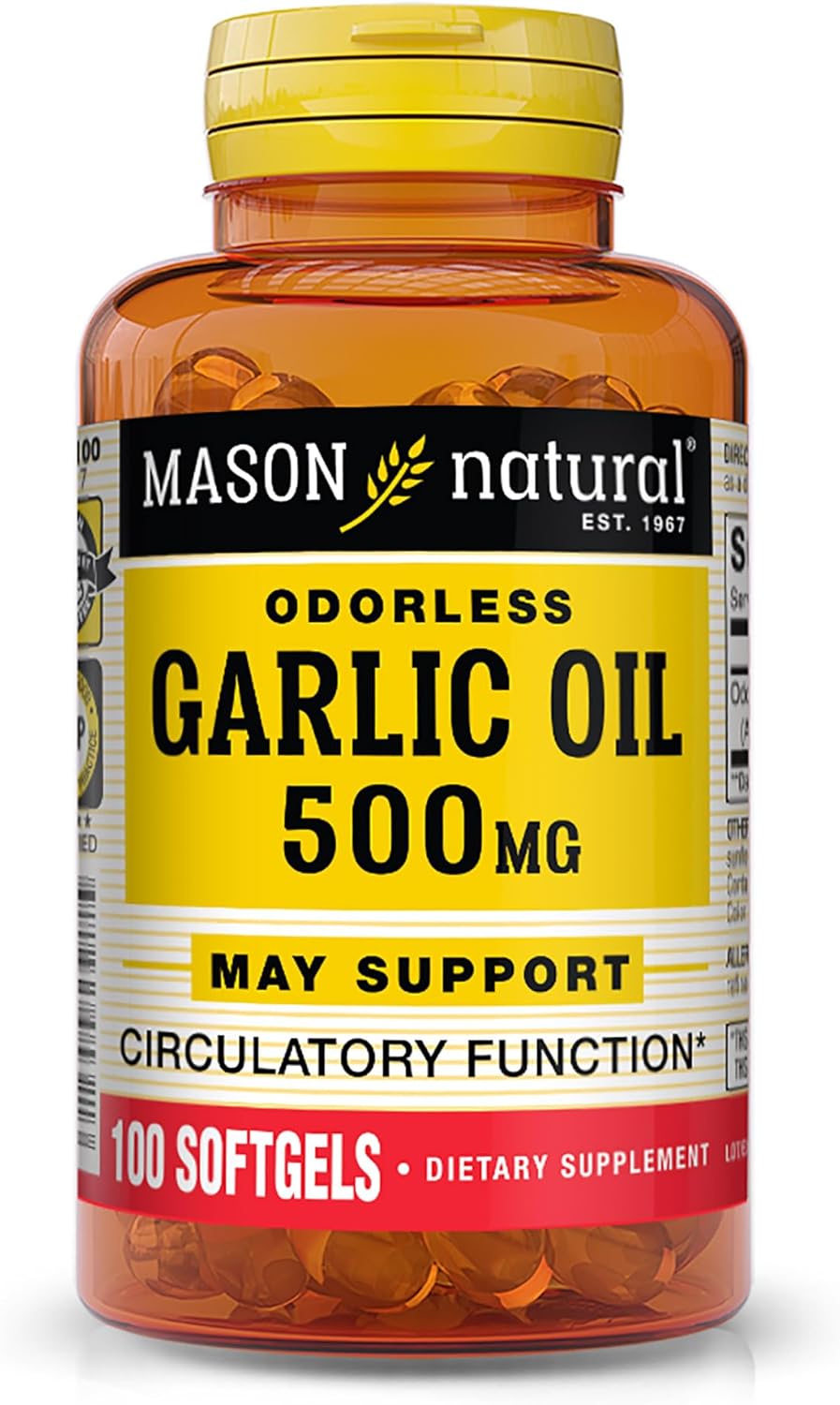 Garlic Oil 500mg Softgels - Odorless Allium Sativum Supplement for Healthy Circulatory Function by Mason Natural