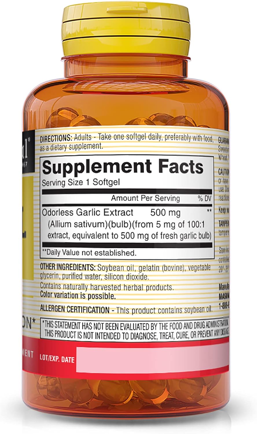 Garlic Oil 500mg Softgels - Odorless Allium Sativum Supplement for Healthy Circulatory Function by Mason Natural