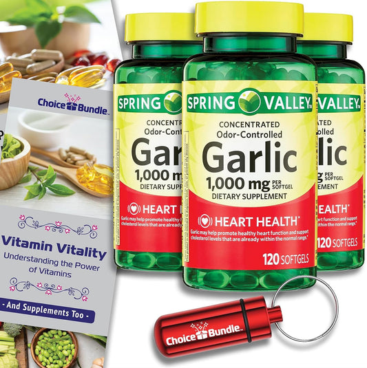 Garlic Softgels Bundle: Odor-Controlled Dietary Supplement 1,000mg 120 CT 3 pk + Vitamin Guide & Pill Container - 5 Items