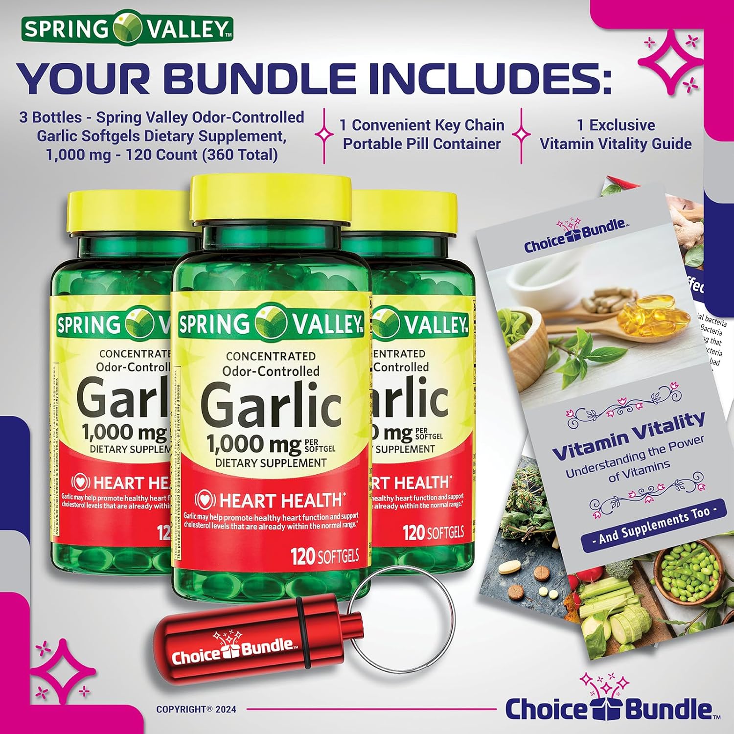 Garlic Softgels Bundle: Odor-Controlled Dietary Supplement 1,000mg 120 CT 3 pk + Vitamin Guide & Pill Container - 5 Items