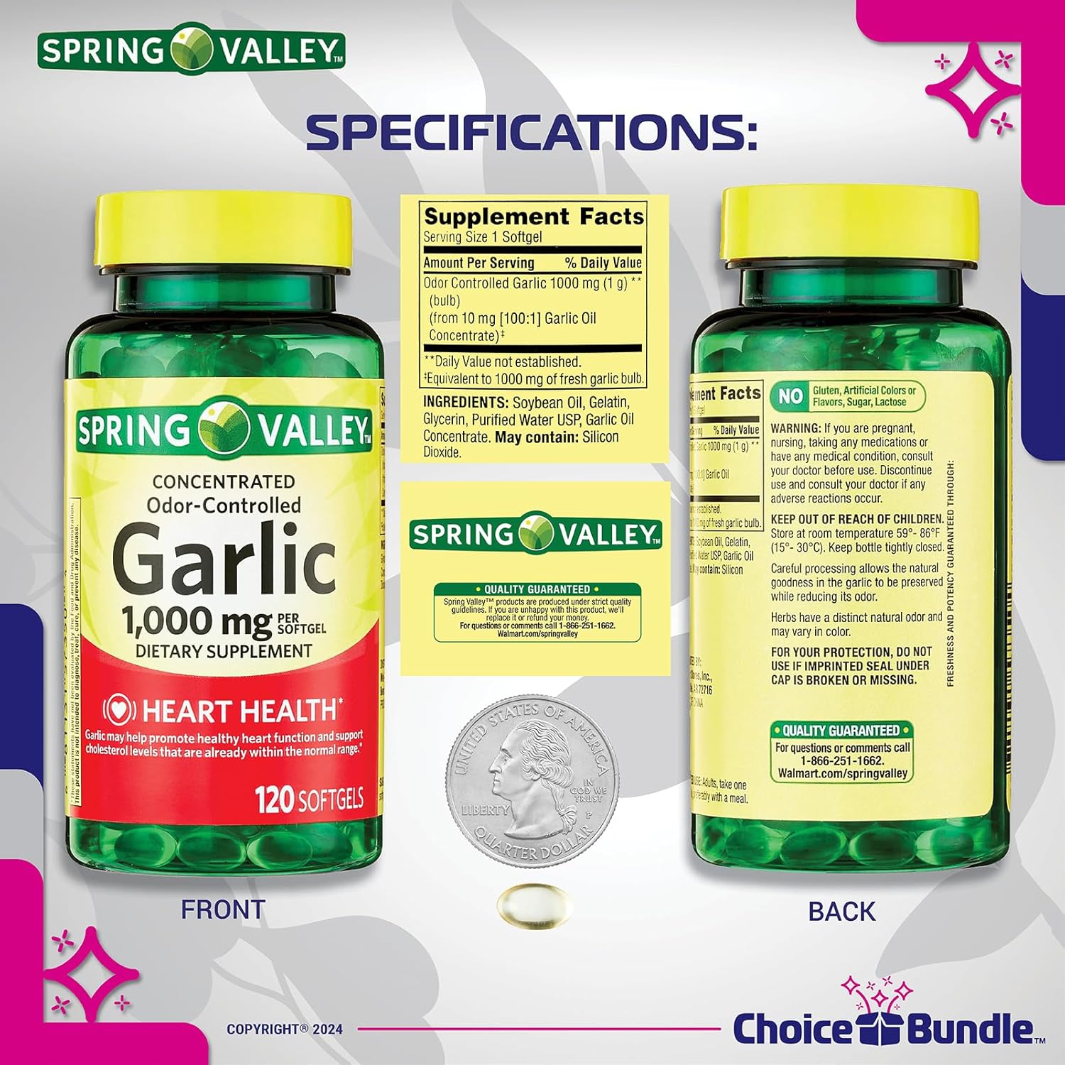 Garlic Softgels Bundle: Odor-Controlled Dietary Supplement 1,000mg 120 CT 3 pk + Vitamin Guide & Pill Container - 5 Items