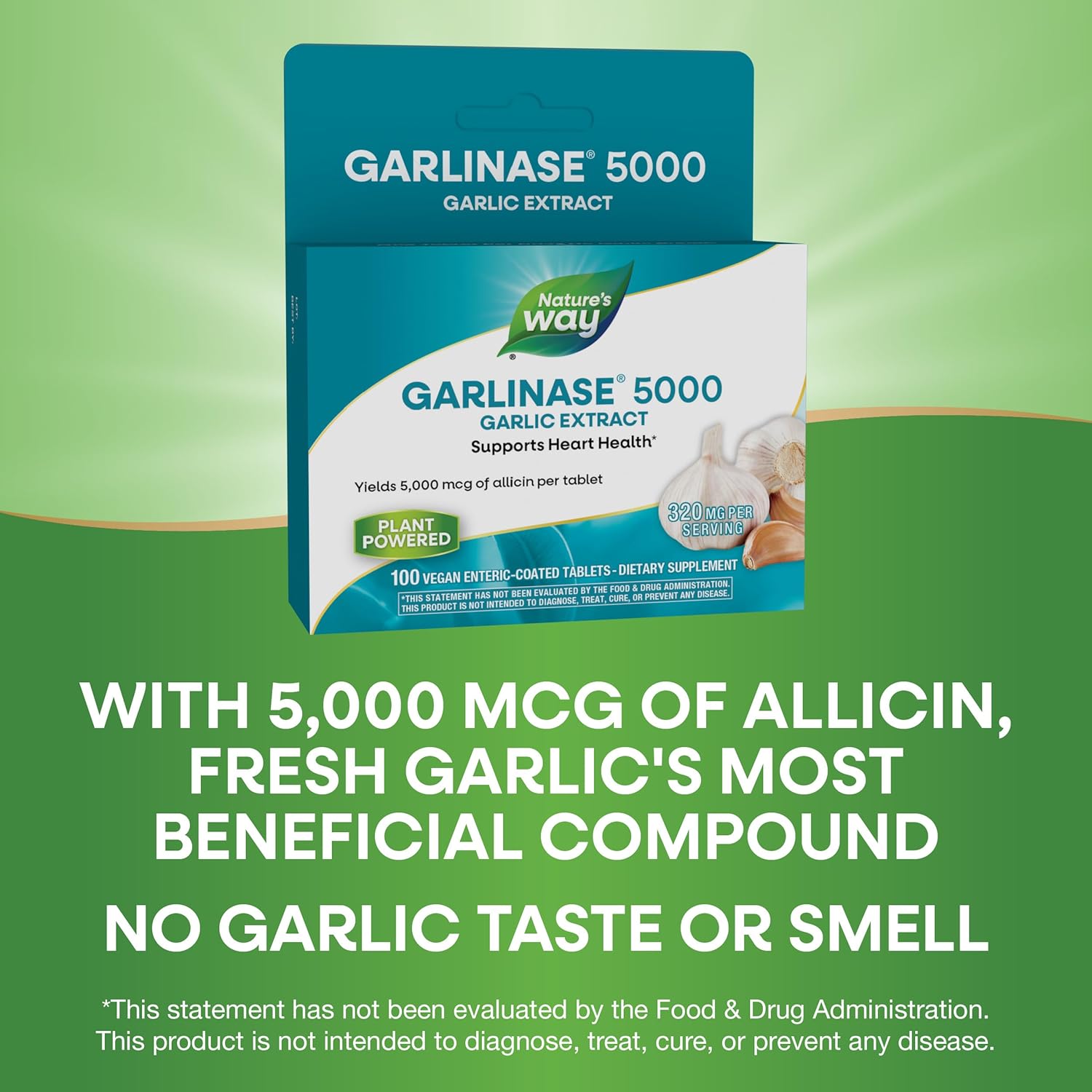 Garlinase 5000 Garlic Extract Tablets - Heart Health Support, Vegan, Odor-Free - 100 Tablets
