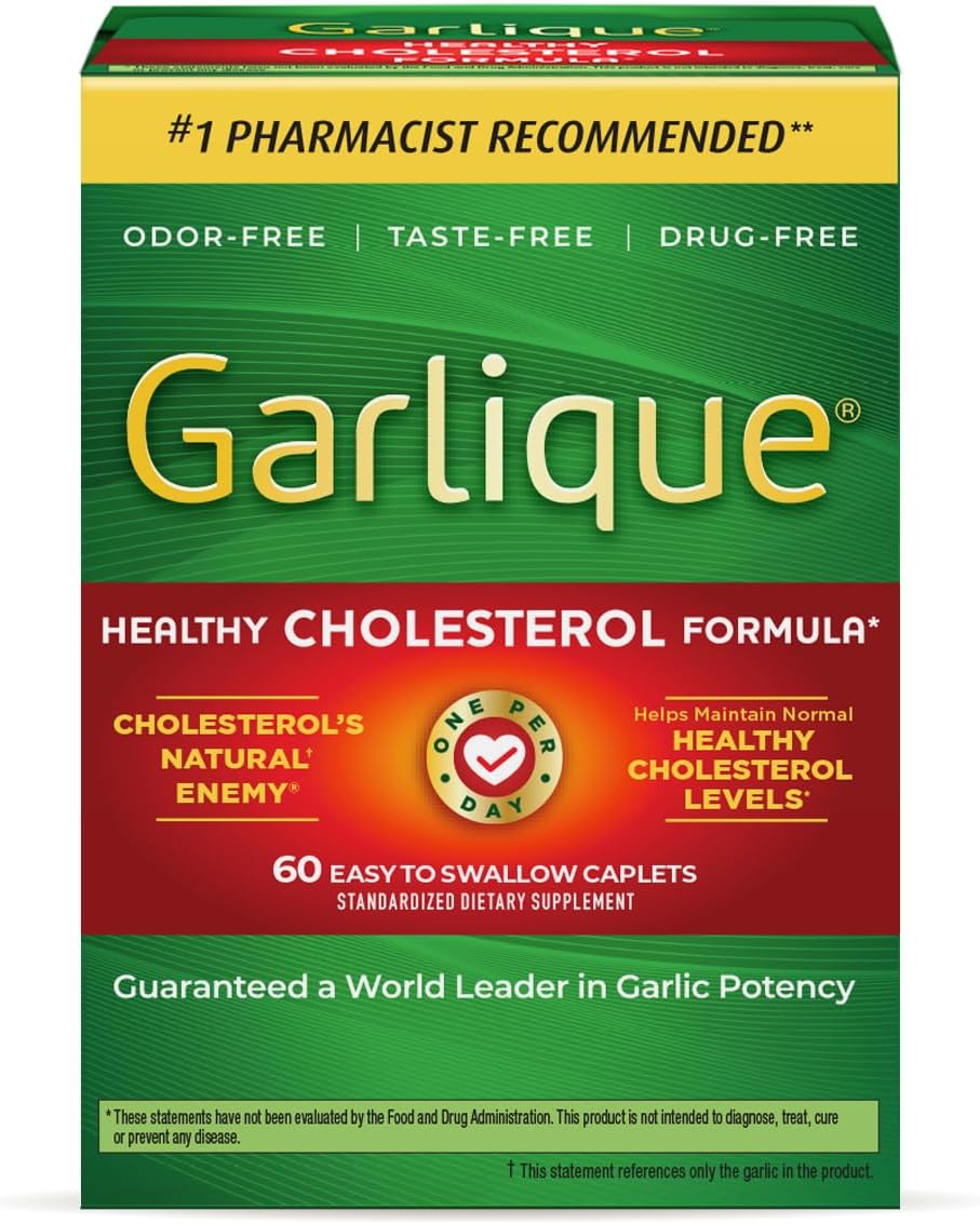 Garlique Garlic Extract Supplement for Healthy Cholesterol Support - 5000 mcg Allicin, Odorless & Vegan, 60 Caplets