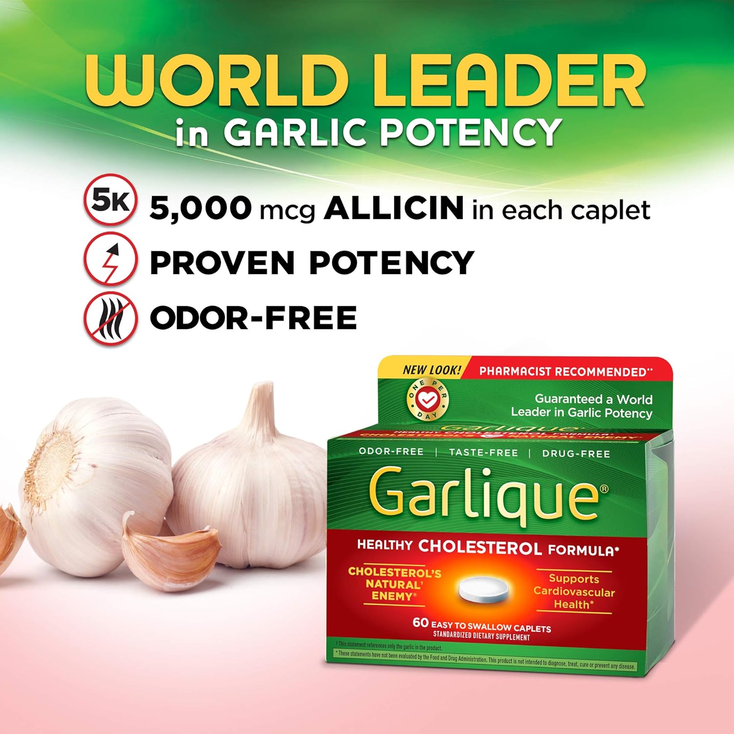 Garlique Garlic Extract Supplement for Healthy Cholesterol Support - 5000 mcg Allicin, Odorless & Vegan, 60 Caplets