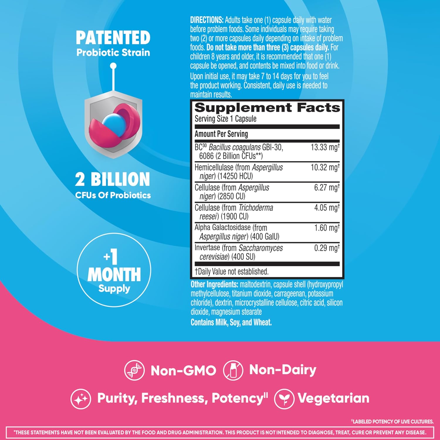 Gas Defense Probiotics for Women & Men, 5 Enzymes for Gut Health, Immune Support, 32 Capsules