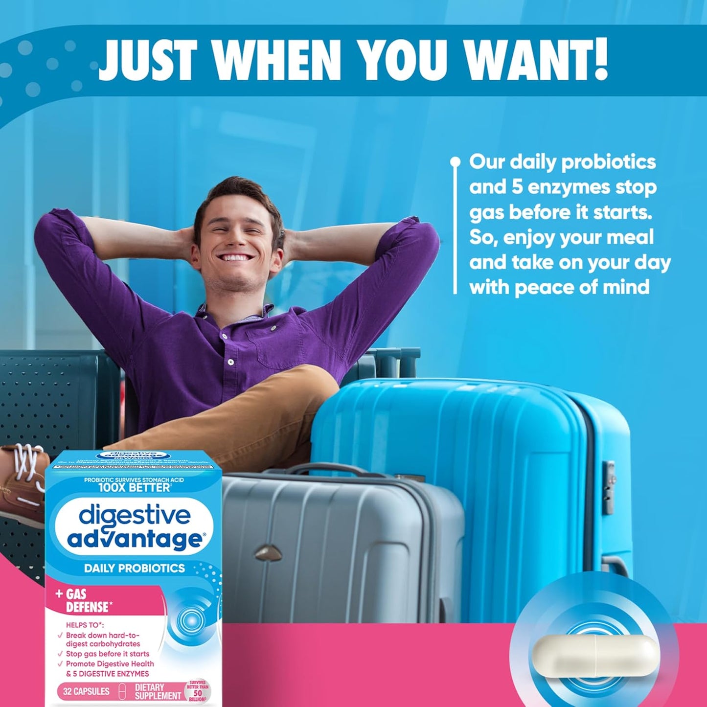 Gas Defense Probiotics for Women & Men, 5 Enzymes for Gut Health, Immune Support, 32 Capsules