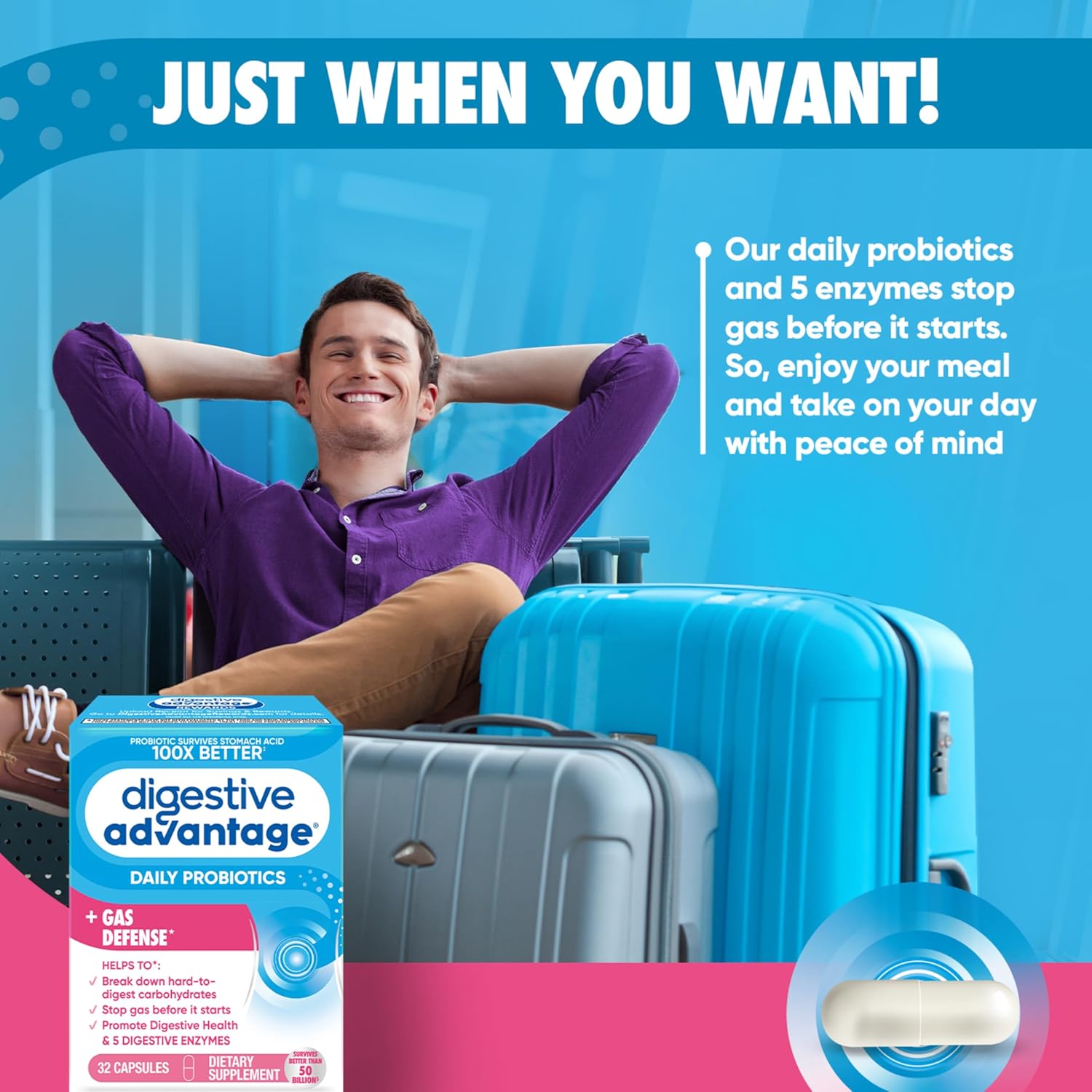 Gas Defense Probiotics for Women & Men, 5 Enzymes for Gut Health, Immune Support, 32 Capsules