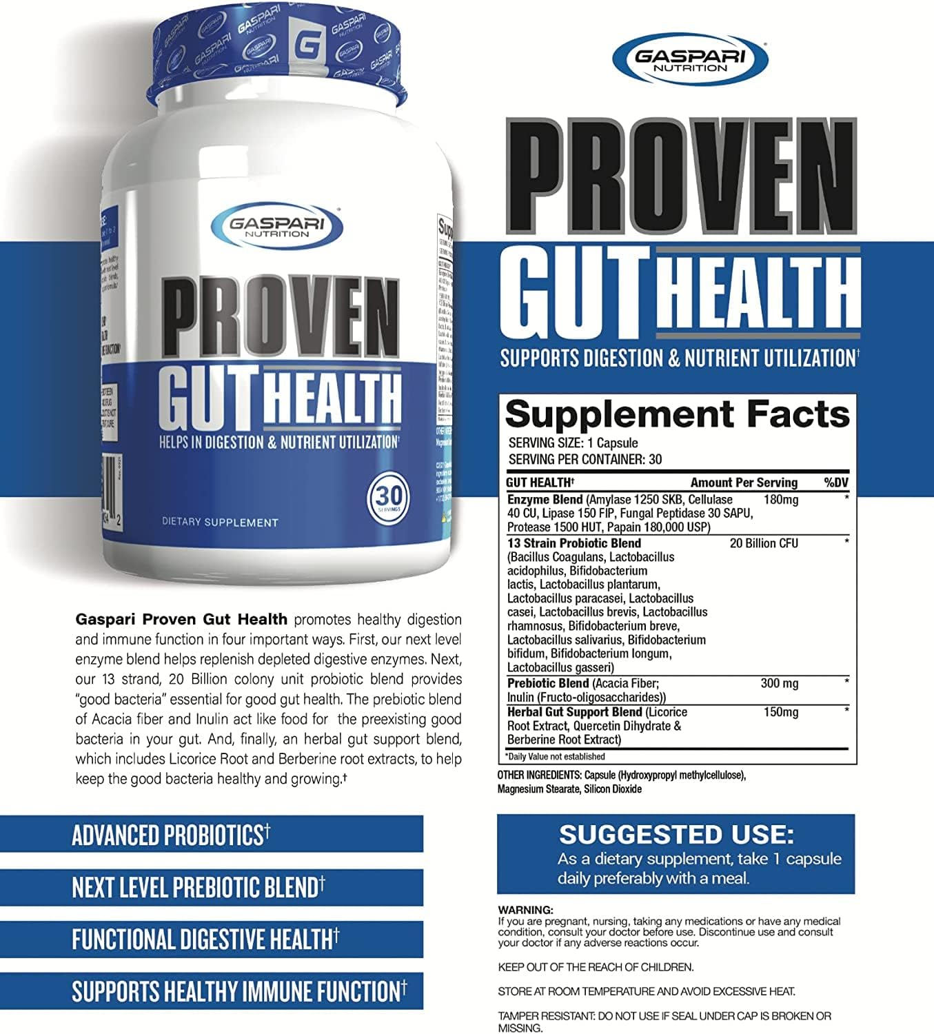 Gaspari Nutrition Gut Health Support with Prebiotics & Probiotics for Digestive Health - 30 Servings