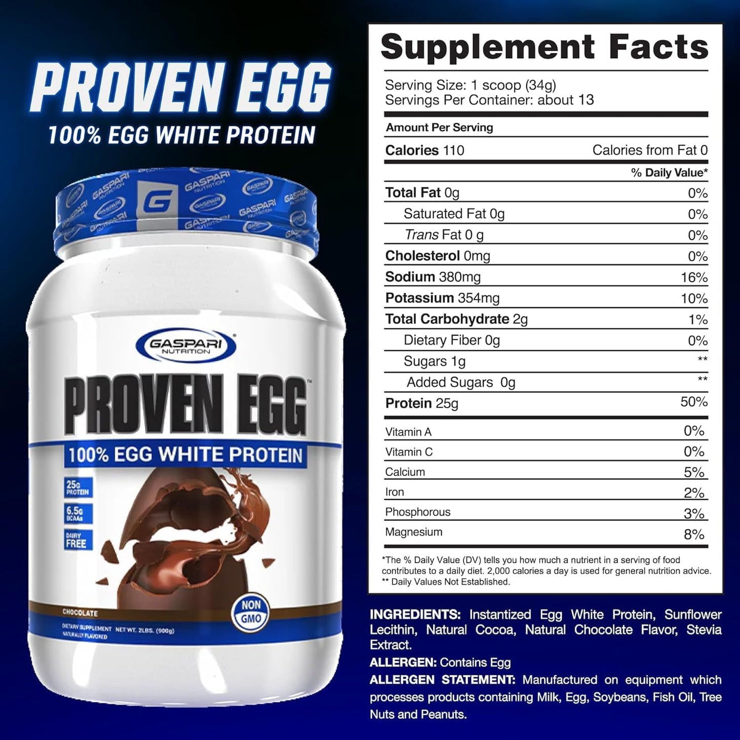 Gaspari Nutrition Proven Egg White Protein Powder - 25g Protein, Keto Friendly, Dairy Free, Lactose Free, Soy Free - Chocolate Flavor - 1lb