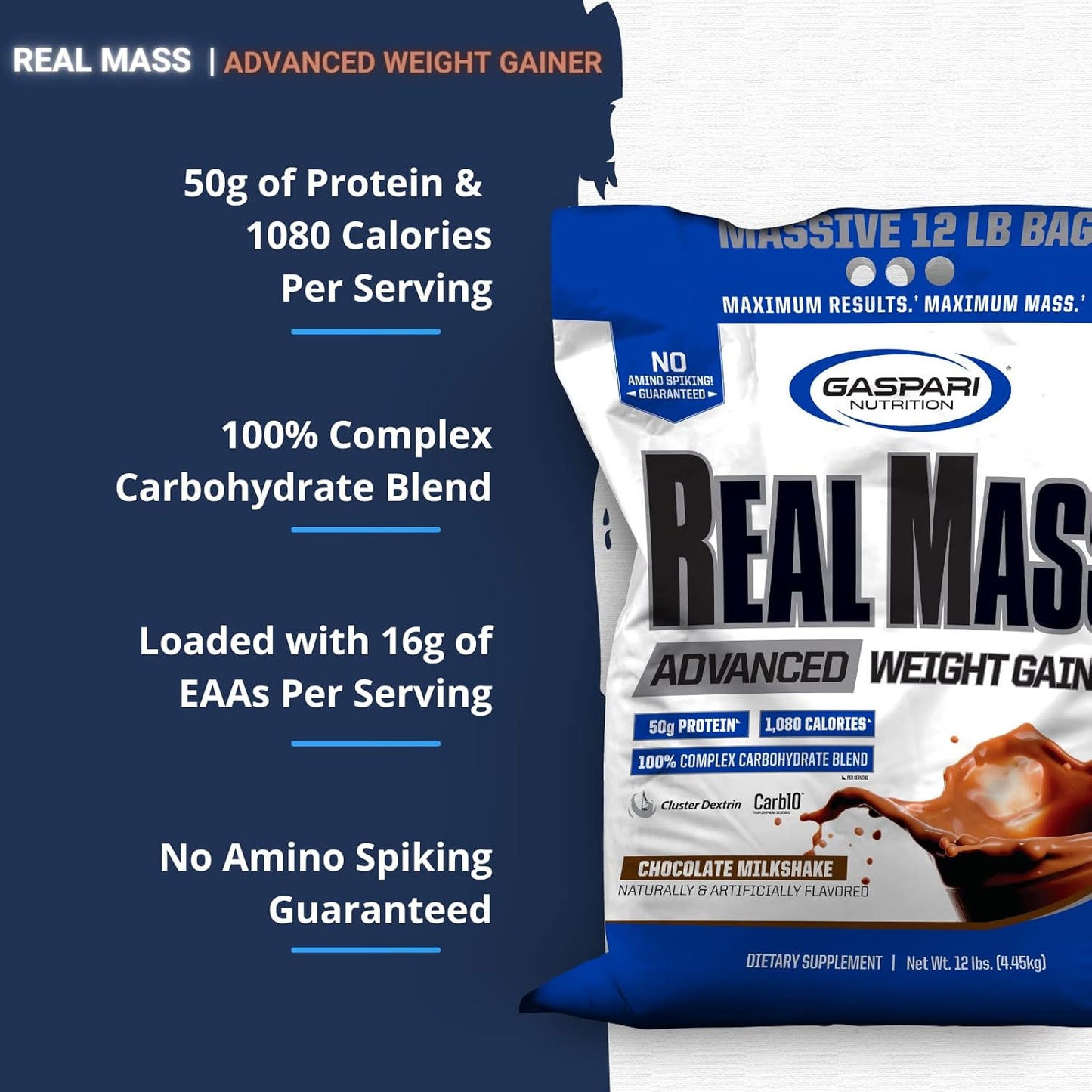 Gaspari Nutrition Real Mass 12lb Chocolate Ice Cream - High Protein Weight Gainer with Gycofuse Carbs & Creatine Monohydrate