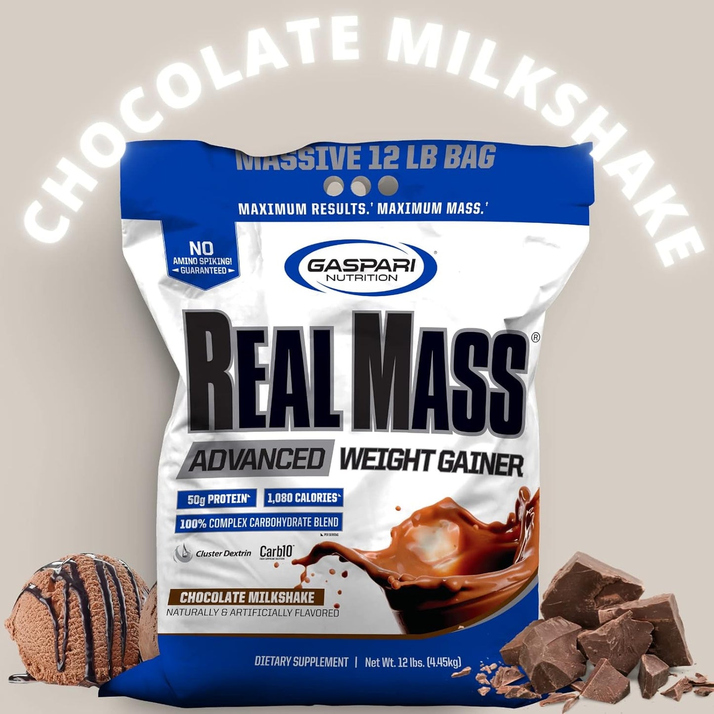 Gaspari Nutrition Real Mass 12lb Chocolate Ice Cream - High Protein Weight Gainer with Gycofuse Carbs & Creatine Monohydrate