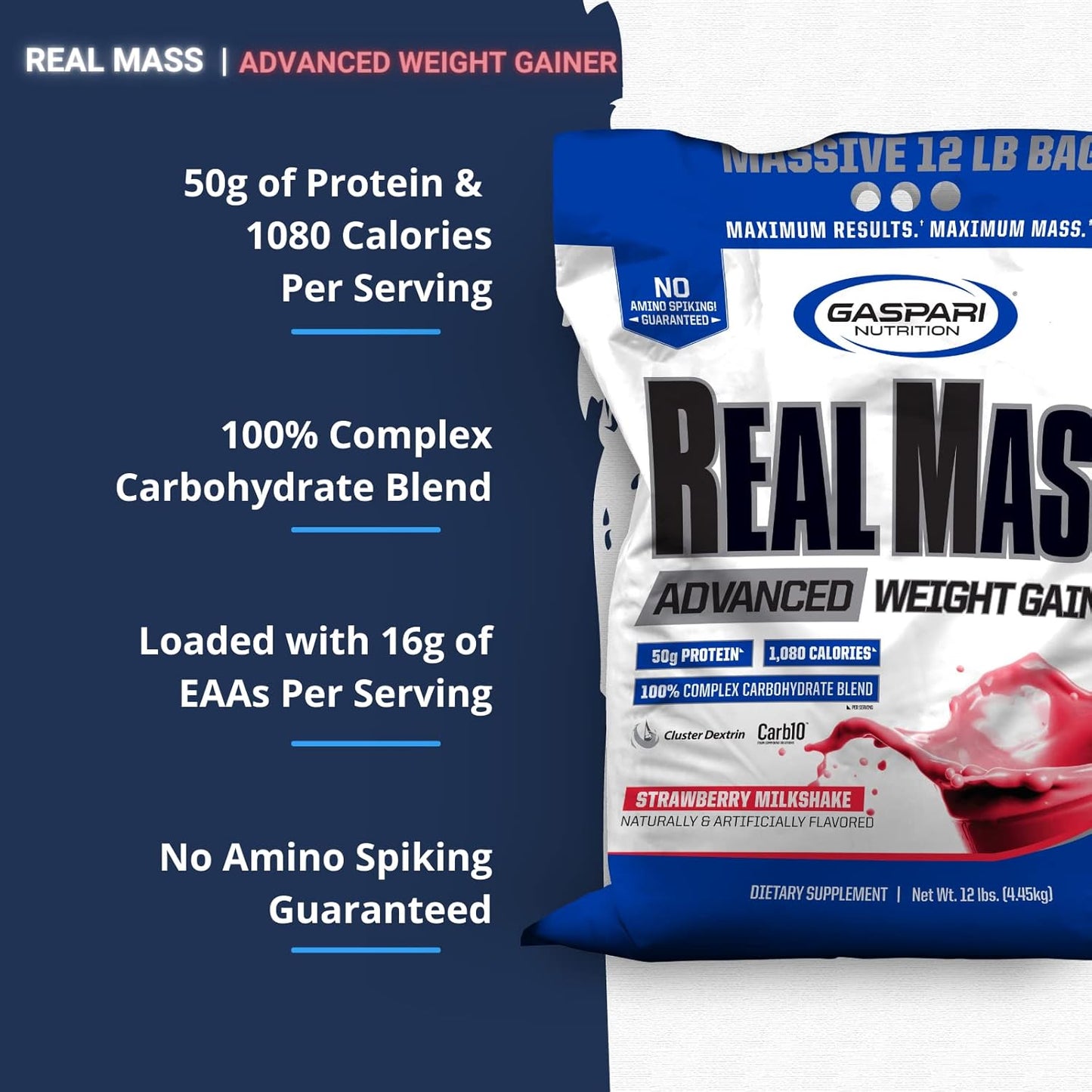 Gaspari Nutrition Real Mass Advanced Weight Gainer - Strawberry Milkshake Flavor - 12lb Jar