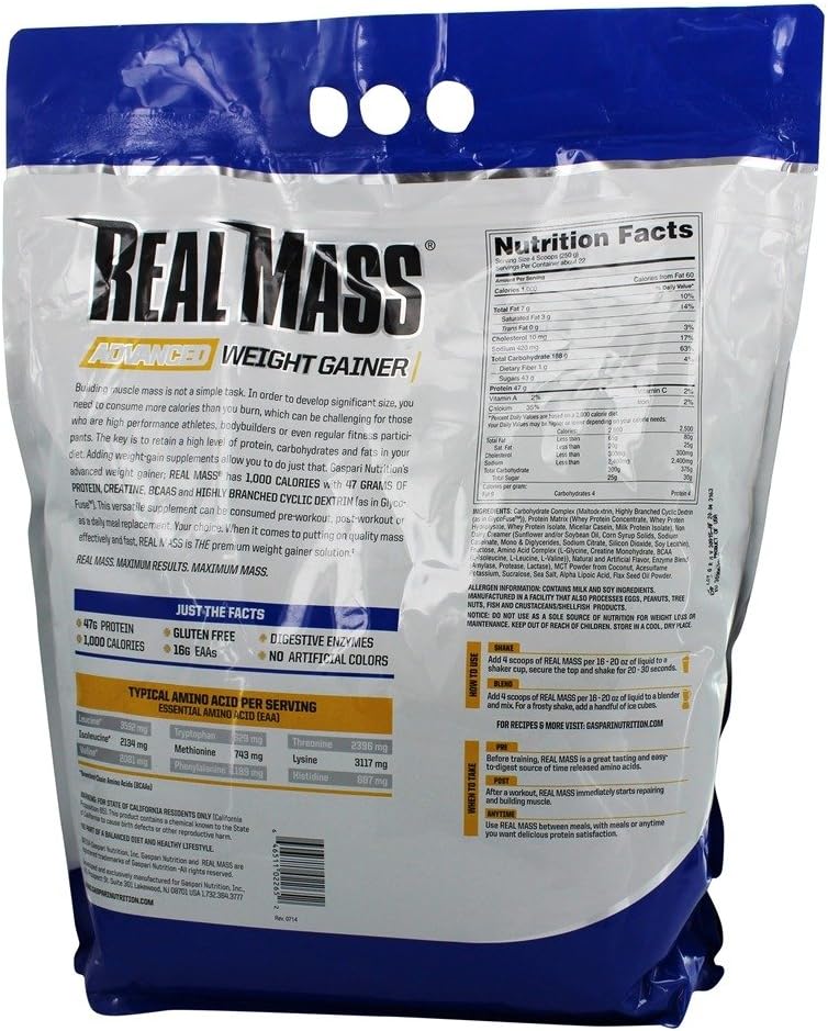 Gaspari Nutrition Real Mass: High Protein Weight Gainer with Creatine Monohydrate - 12 Pounds Vanilla Milkshake