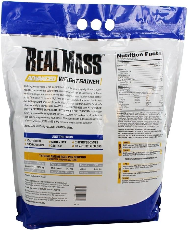 Gaspari Nutrition Real Mass: High Protein Weight Gainer with Creatine Monohydrate - 12 Pounds Vanilla Milkshake