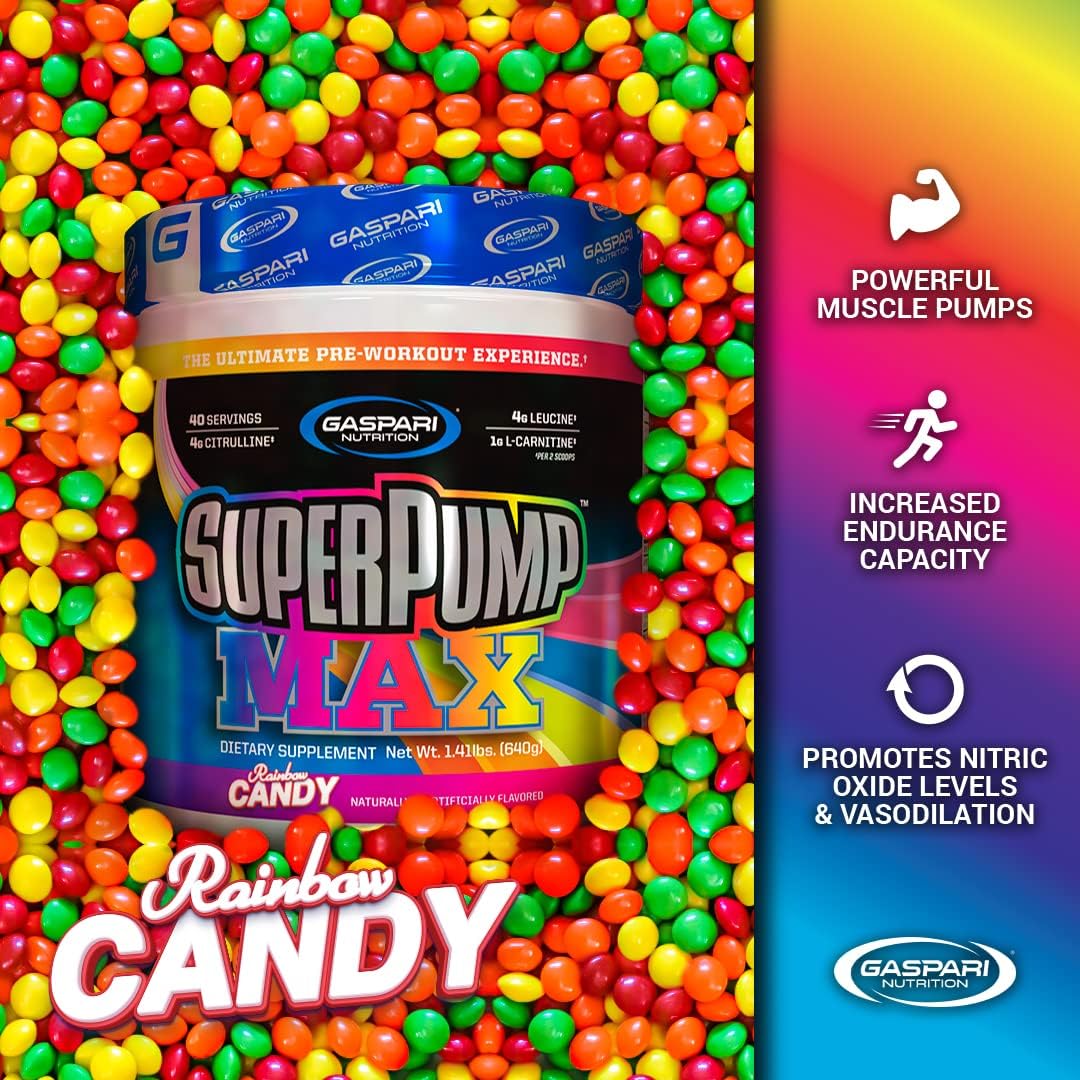 Gaspari Nutrition Super Pump Max Pre Workout Supplement - Rainbow Candy Flavor, 40 Servings for Muscle Growth & Recovery