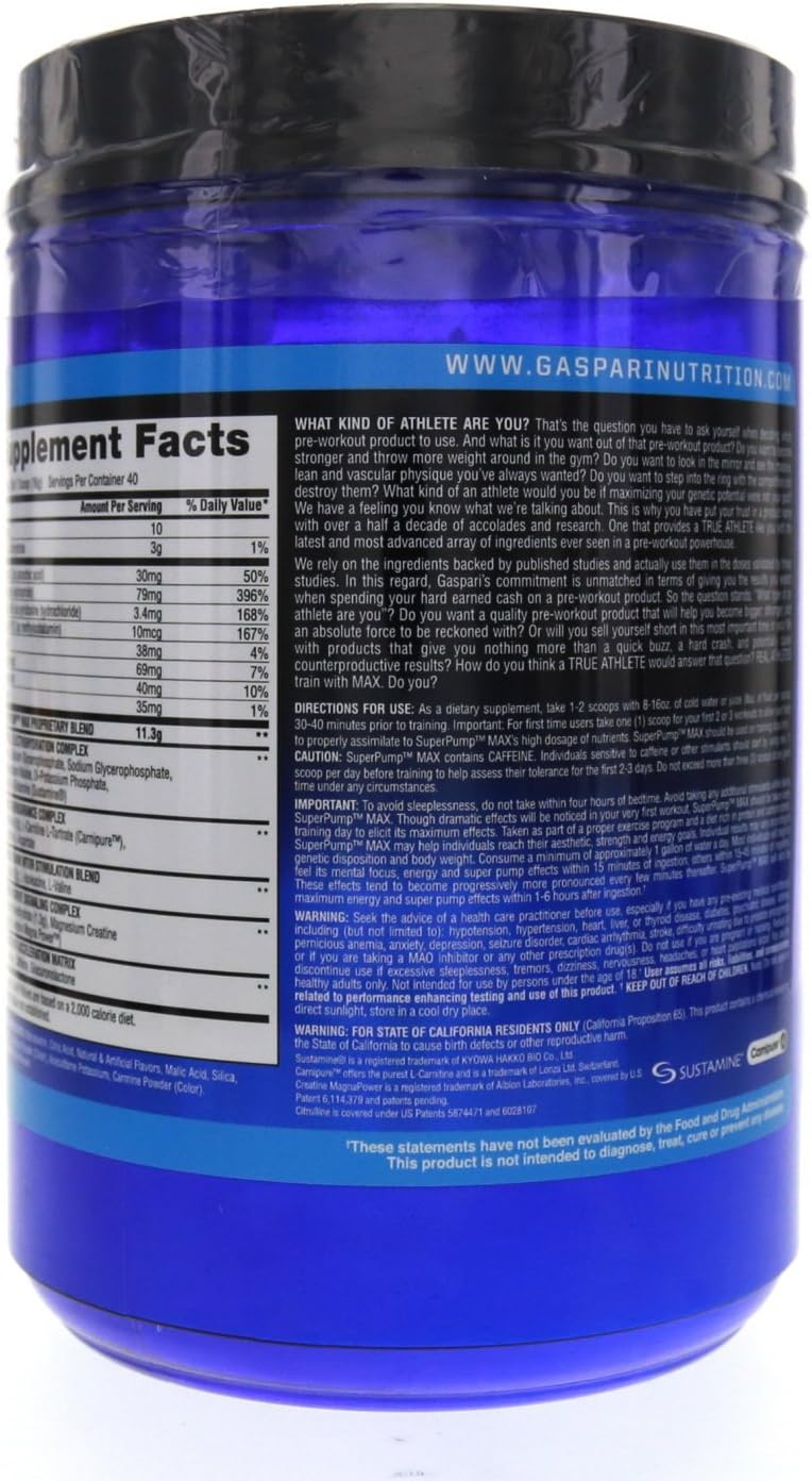 Gaspari Nutrition SuperPump Max Blue Raspberry Ice - 1.41 lbs - Energizing Pre-Workout Supplement