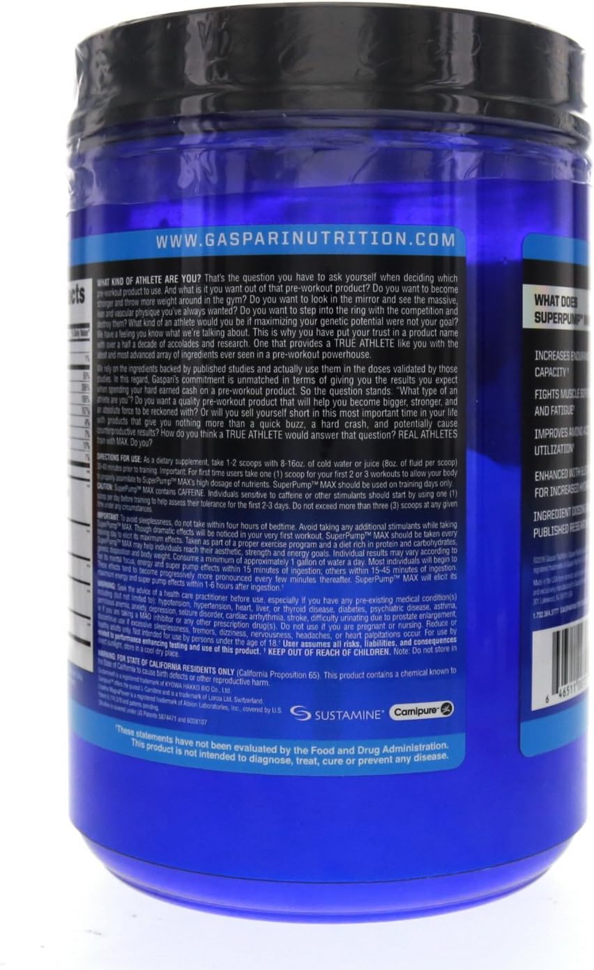 Gaspari Nutrition SuperPump Max Blue Raspberry Ice - 1.41 lbs - Energizing Pre-Workout Supplement