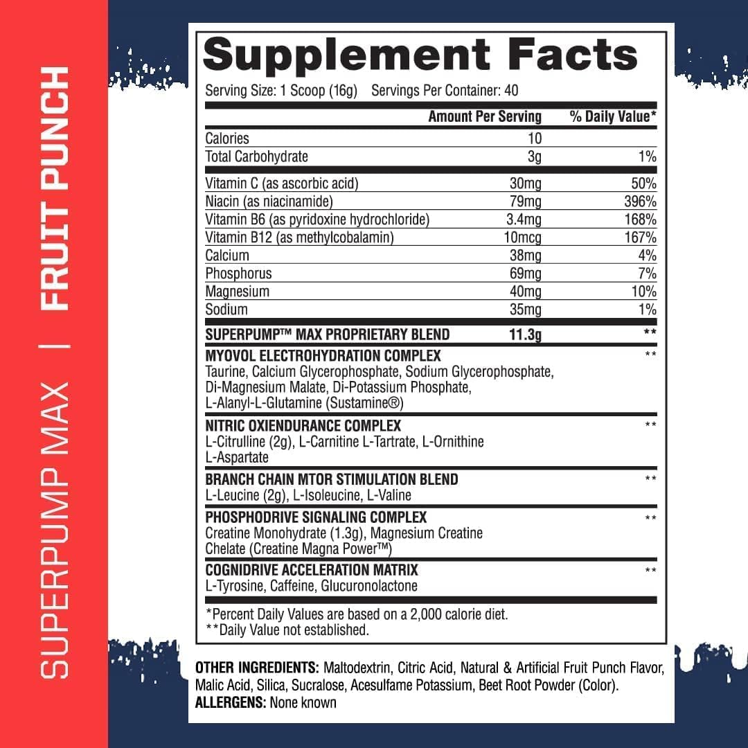 Gaspari Nutrition SuperPump MAX Pre Workout Powder - Fruit Punch Flavor - Boost Energy, Muscle Growth, and Recovery - Nitric Oxide Booster - 40 Servings