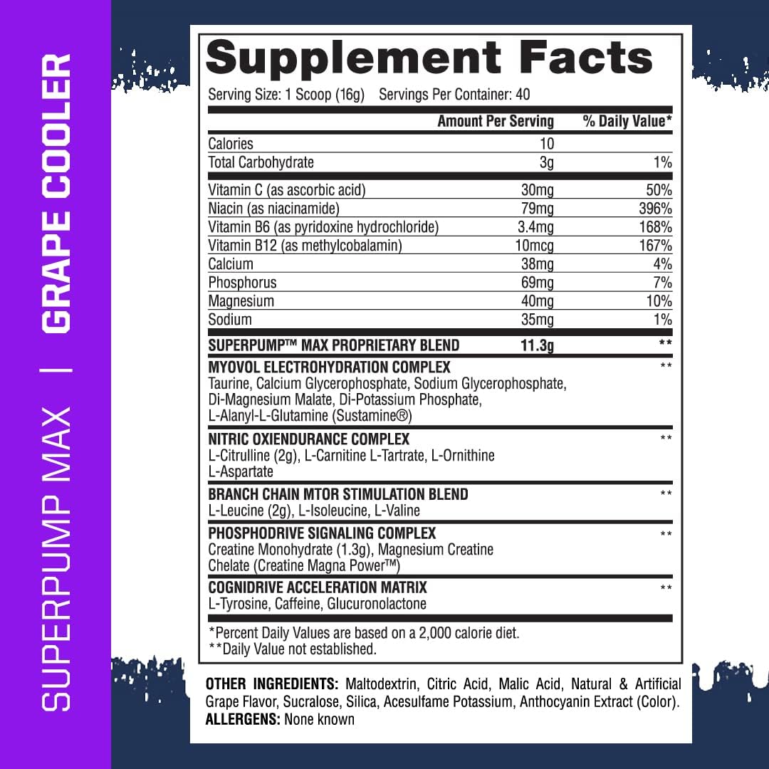 Gaspari Nutrition SuperPump MAX Pre Workout Powder - Nitric Oxide Booster for Muscle Growth & Recovery, Sustained Energy Preworkout with Electrolytes - Grape Cooler, 40 Servings