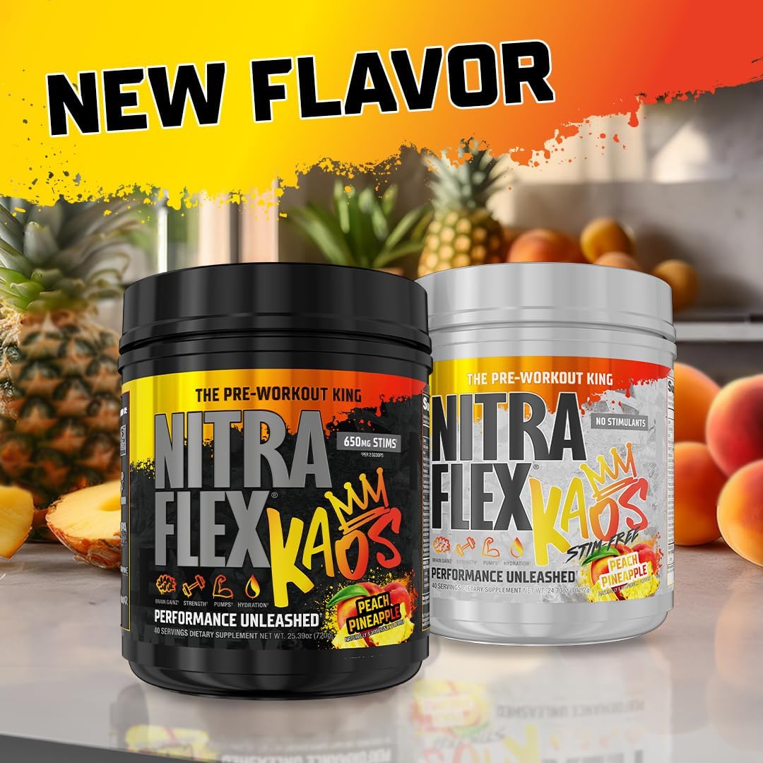 GAT SPORT Nitraflex KAOS Pre-Workout Powder in Peach Pineapple Flavor - Boost Your Workout Performance with this Powerful Supplement