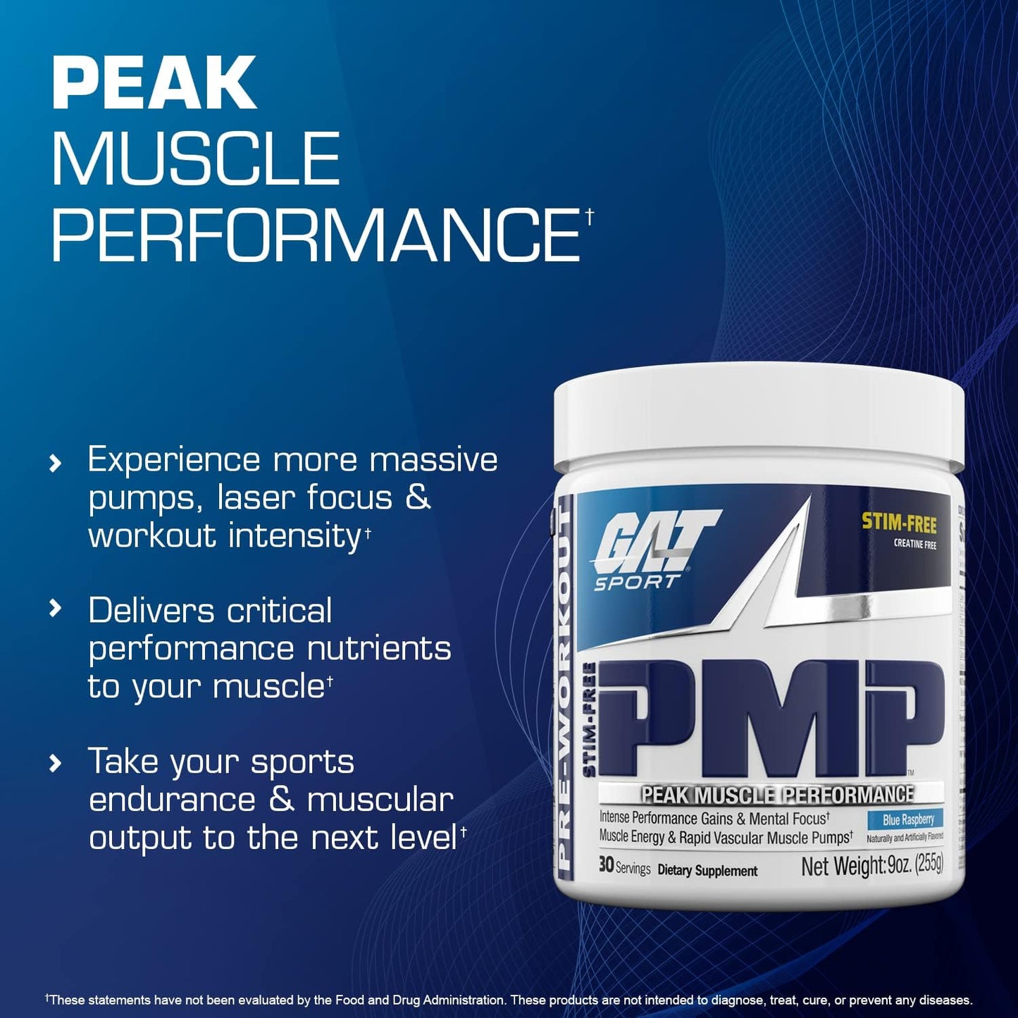 GAT SPORT PMP Pre-Workout Supplement, Blue Raspberry Flavor, 30 Servings - Stimulant-Free Formula for Peak Muscle Performance