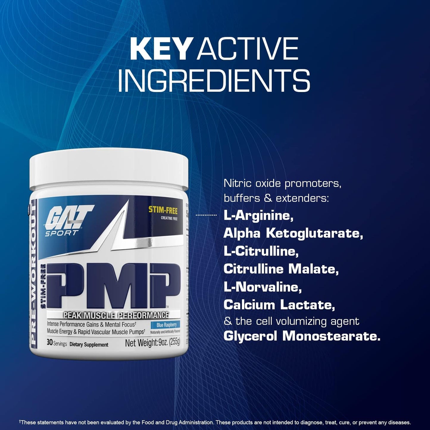 GAT SPORT PMP Pre-Workout Supplement, Blue Raspberry Flavor, 30 Servings - Stimulant-Free Formula for Peak Muscle Performance