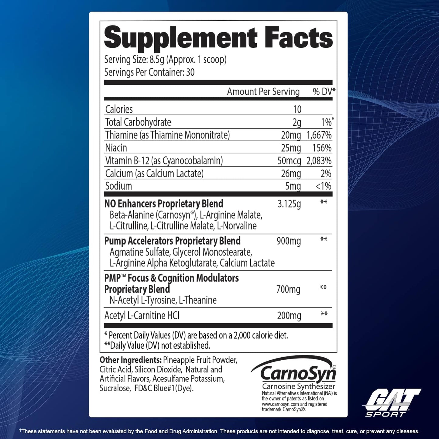 GAT SPORT PMP Pre-Workout Supplement, Blue Raspberry Flavor, 30 Servings - Stimulant-Free Formula for Peak Muscle Performance