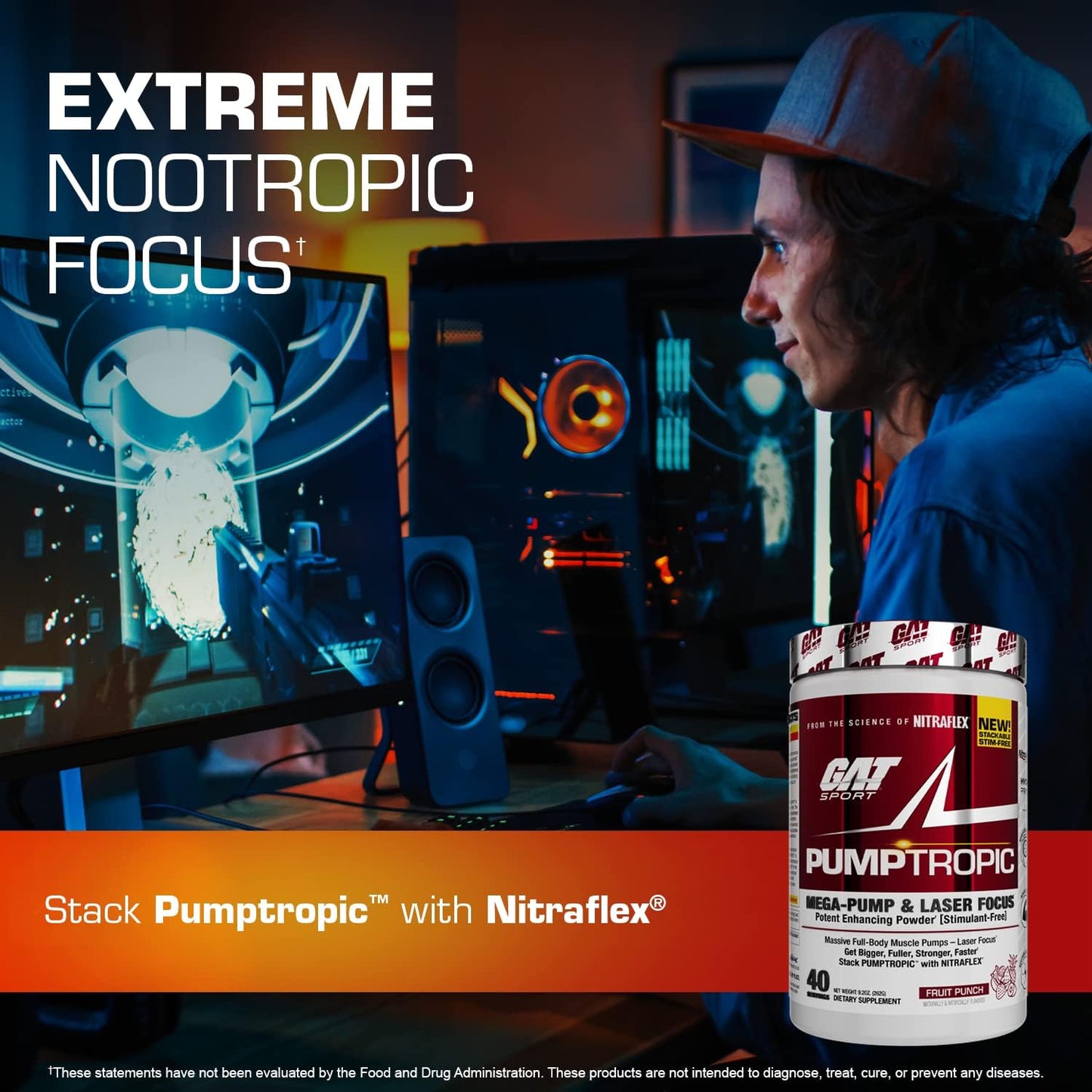 GAT Sport Pumptropic Mega-Pump & Laser Focus Powder, 40 Servings - Strawberry Mango Flavor